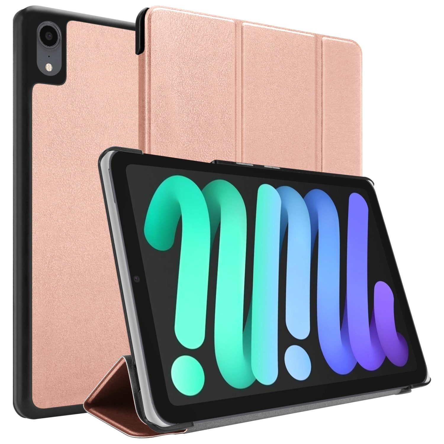 Custodia per tablet con tablet all'interno e supporto. Mostra anche il retro della custodia a sinistra.