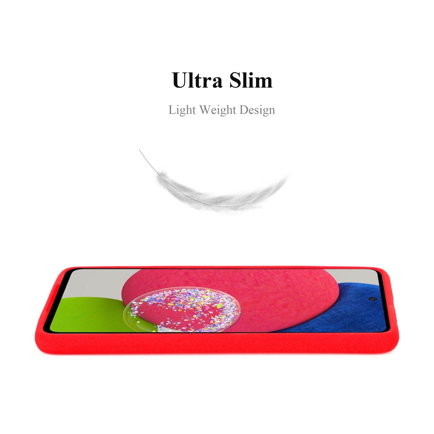 Una custodia per telefono rossa con un motivo rosso e blu, con una grafica di piume. Testo: Ultra Slim, Light Weight Design.