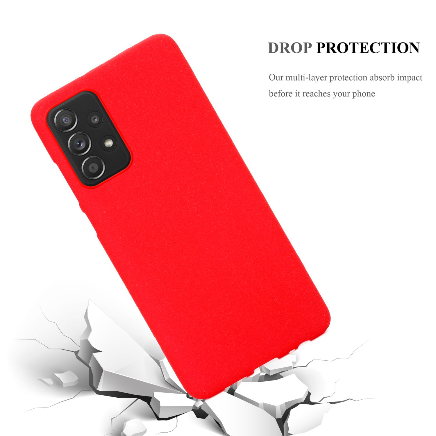 Custodia per telefono rossa che cade, con crepe sulla superficie bianca. Testo: 'DROP PROTECTION'.