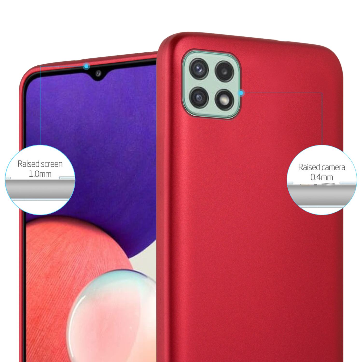 Una custodia rossa con un telefono all'interno. Sono indicati schermo e fotocamera rialzati.