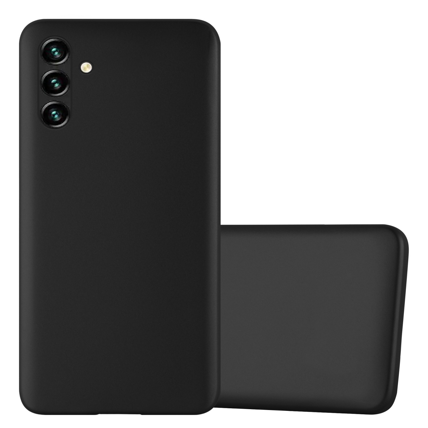 Custodia nera per telefono. Tre obiettivi della fotocamera. Sfondo bianco.