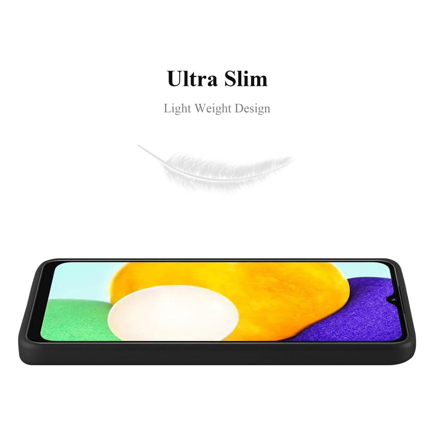 Custodia nera con telefono dentro. Design sottile, ultraleggero.