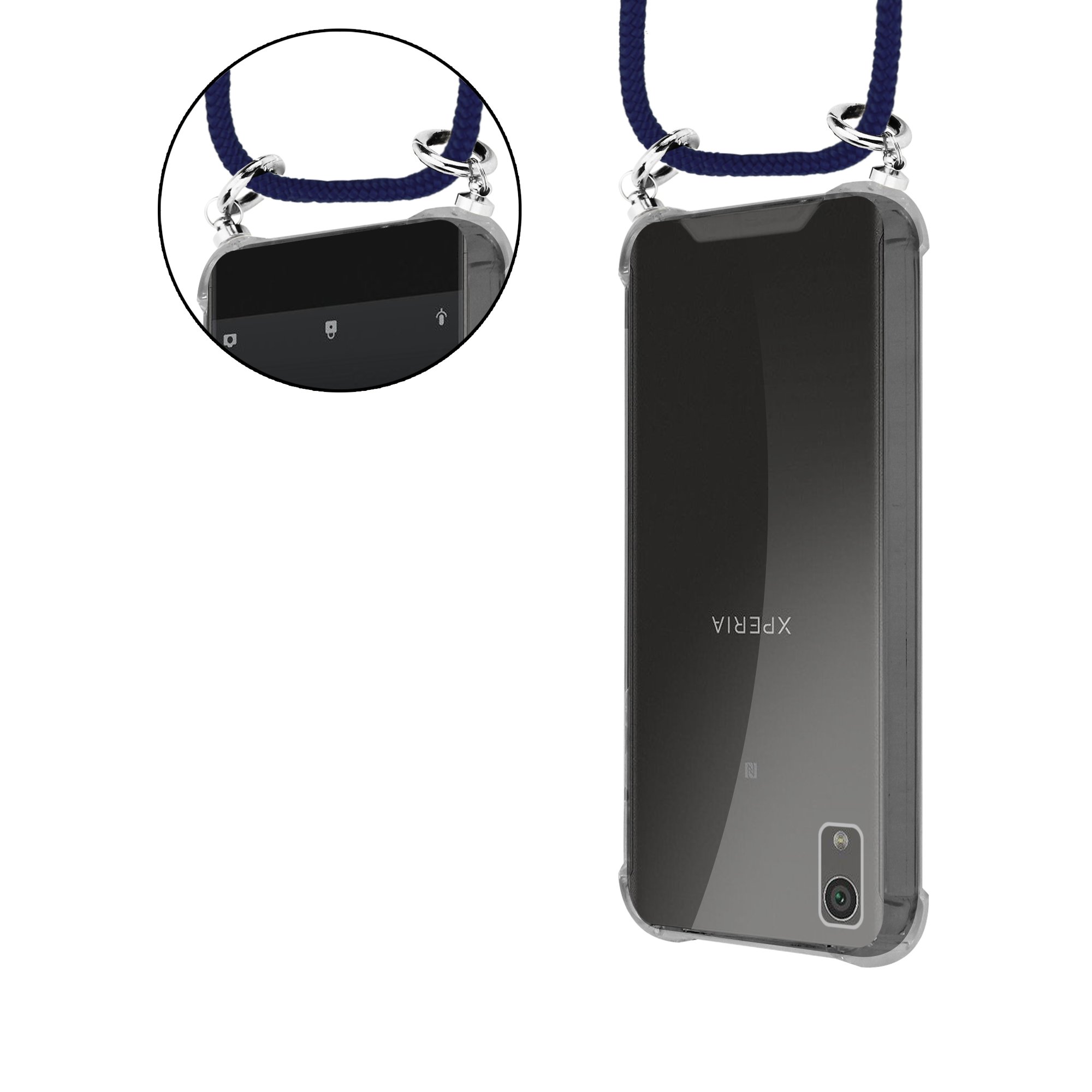 Ein Telefon mit einer durchsichtigen Hülle und einem blauen Lanyard. Das Telefon ist mit einer Kamera sichtbar.