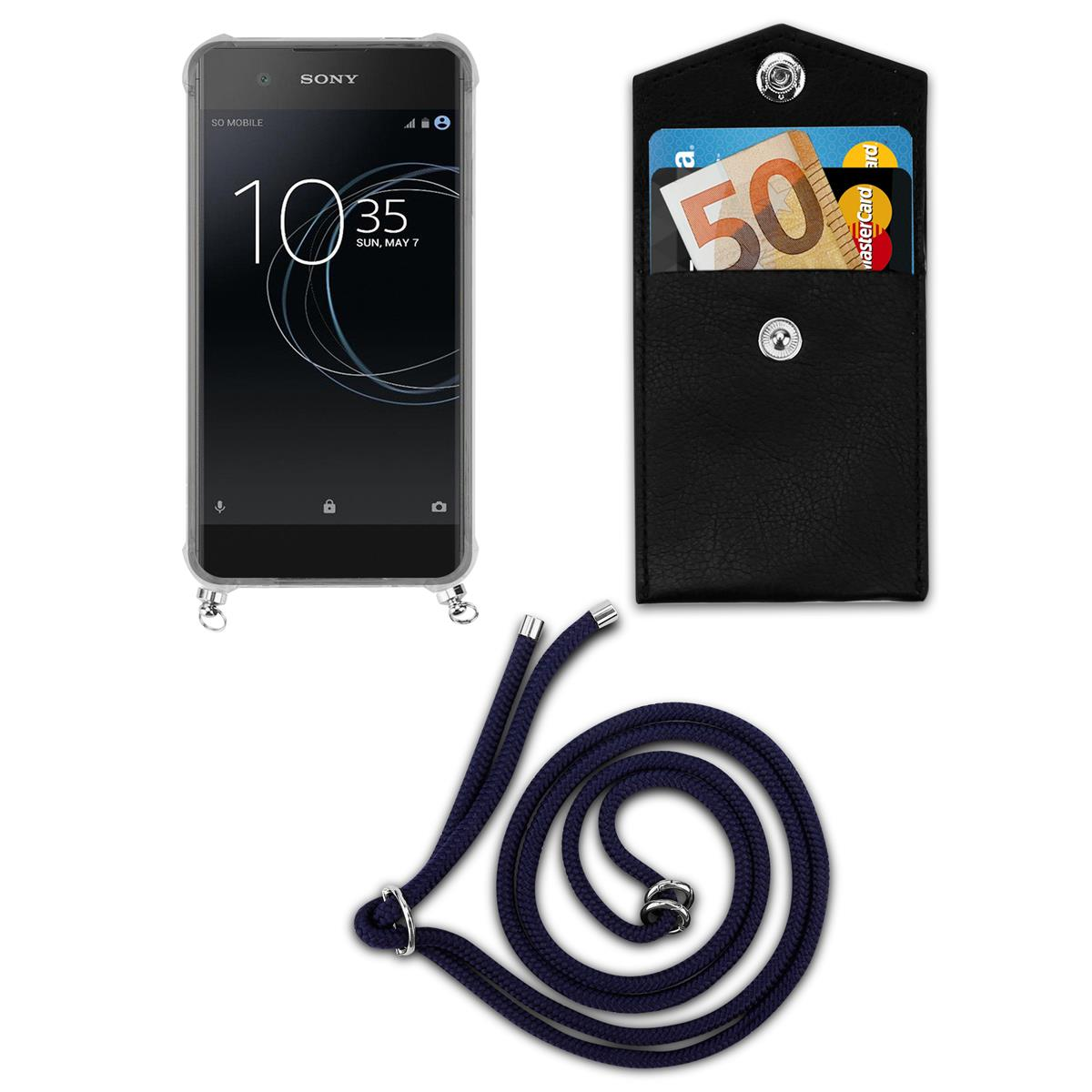Ein Telefon und ein schwarzes Täschchen mit Karten. Darunter liegt eine marineblaue Kordel. Das Telefon ist von Sony.