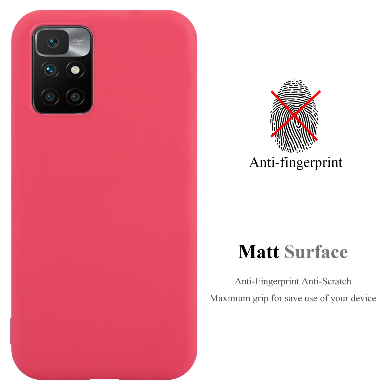 Custodia rossa per telefono con fotocamera, simbolo di impronta digitale sbarrato e testo: Anti-impronta, superficie opaca.