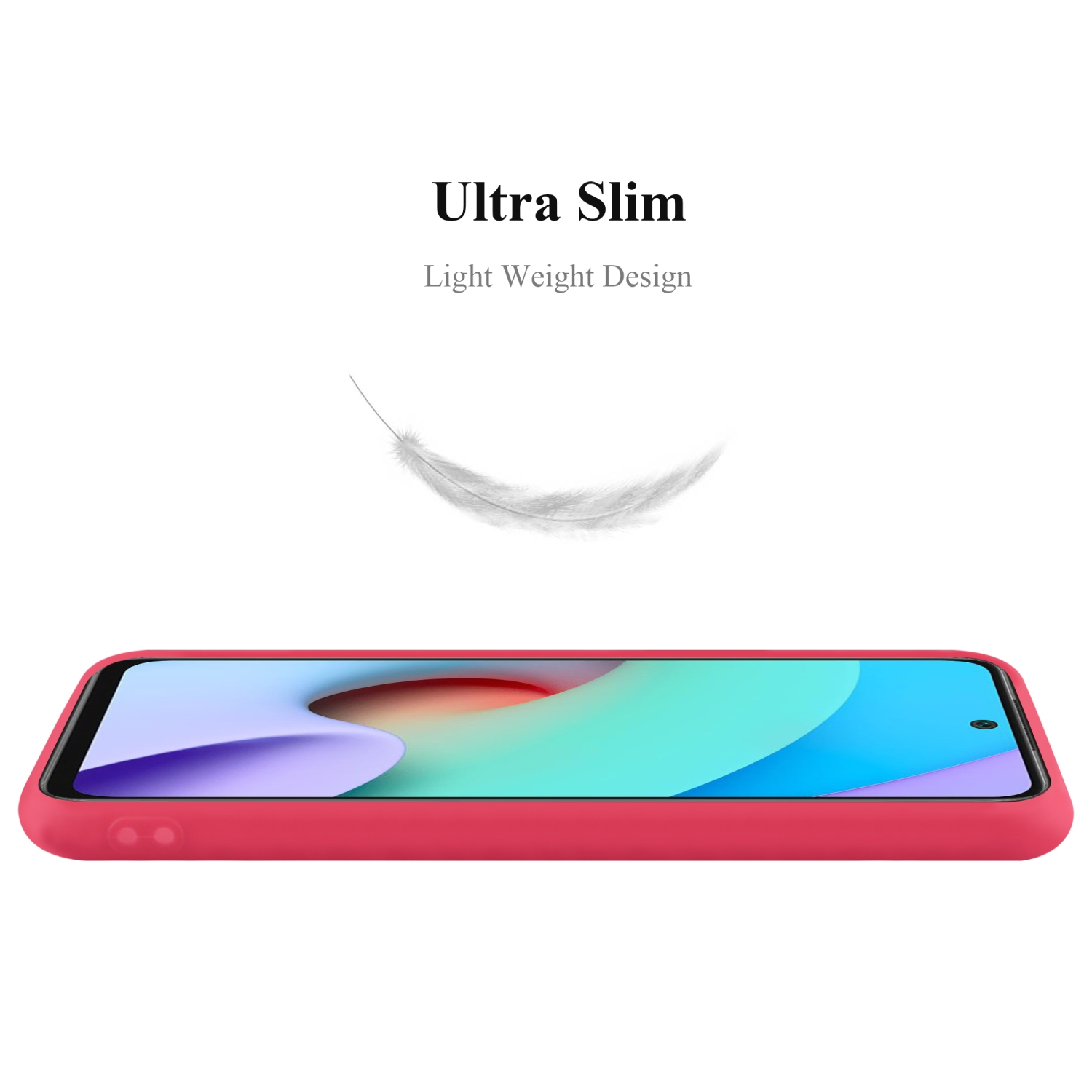 Custodia per telefono rossa vista lateralmente, che evidenzia il suo design ultrasottile e leggero. Una piuma.