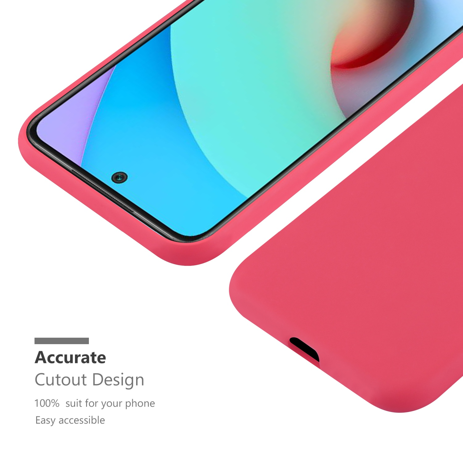 Una custodia per telefono. Viene mostrato un telefono con una custodia rosa e una fotocamera. Il testo è: Design di ritaglio accurato.