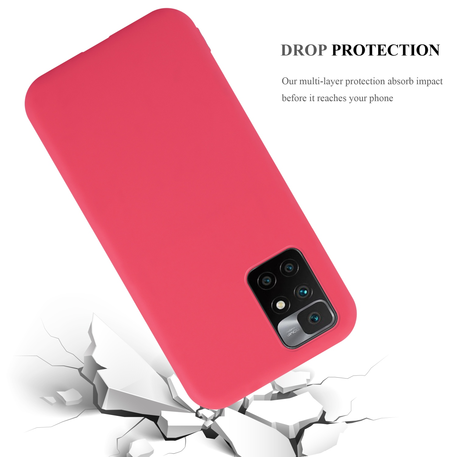 Custodia rossa per telefono con telefono a terra, pavimento incrinato. Testo: Protezione anticaduta. Sfondo bianco.