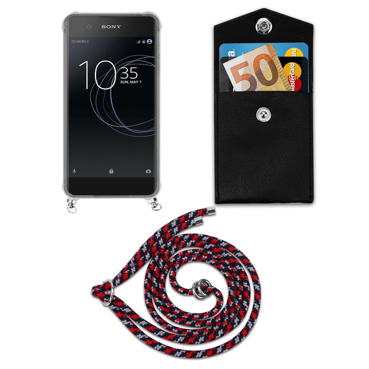 Schwarzes Telefon mit Lanyard. Schwarzer Beutel für Karten. Lanyard ist rot, weiß und blau. Markenname: SONY.