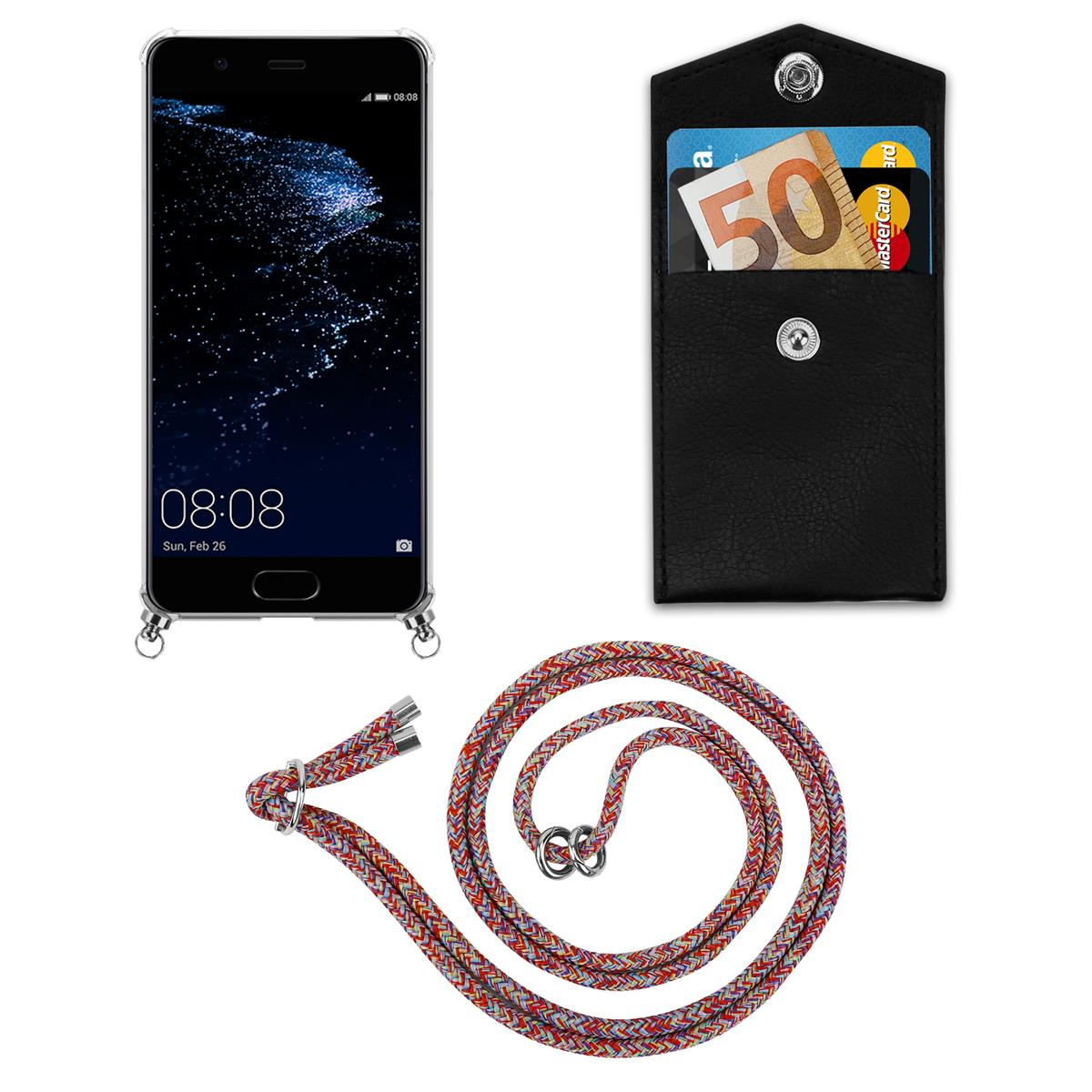 Telefon mit Lanyard, schwarzer Hülle und kleinem Kartenhalter. Die Objekte sind auf weißer Oberfläche.
