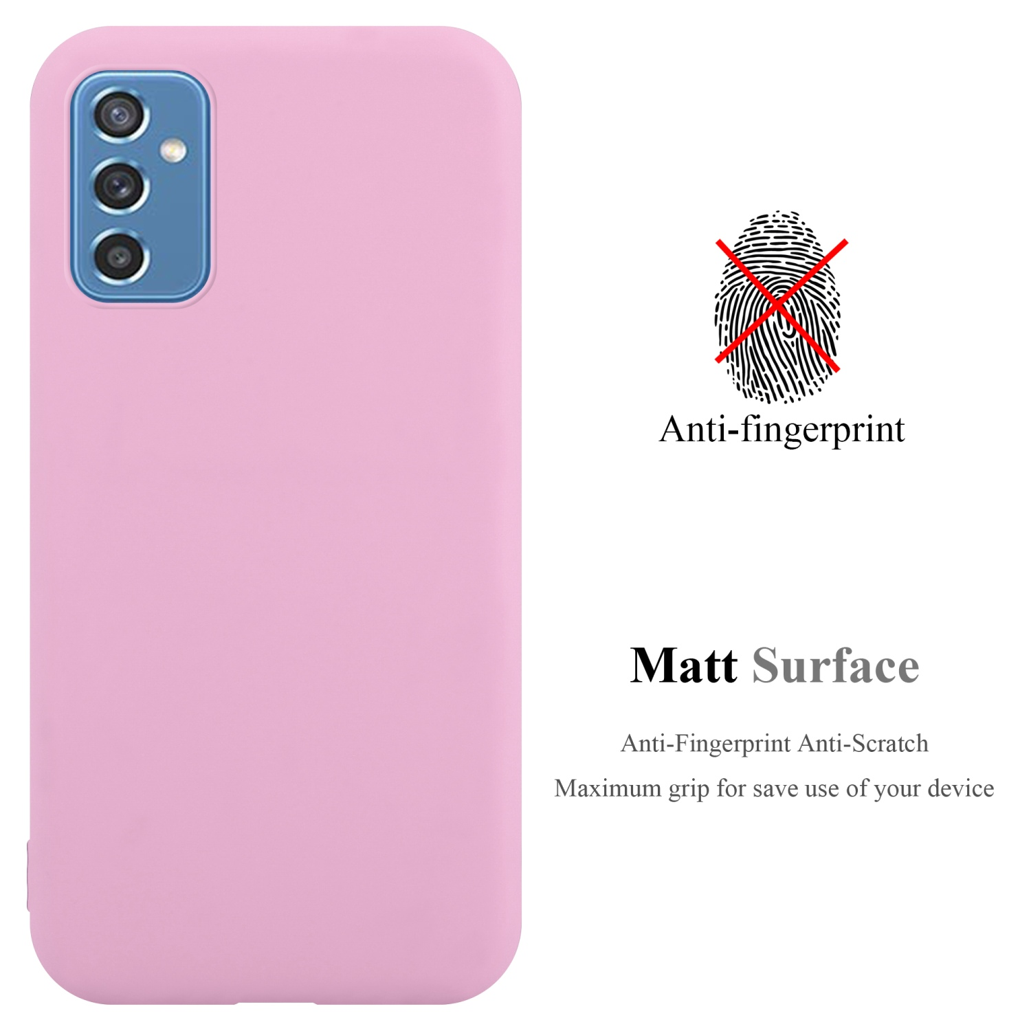 Custodia rosa con area fotocamera blu. Testo: Anti-impronte, Superficie opaca, Massima presa...