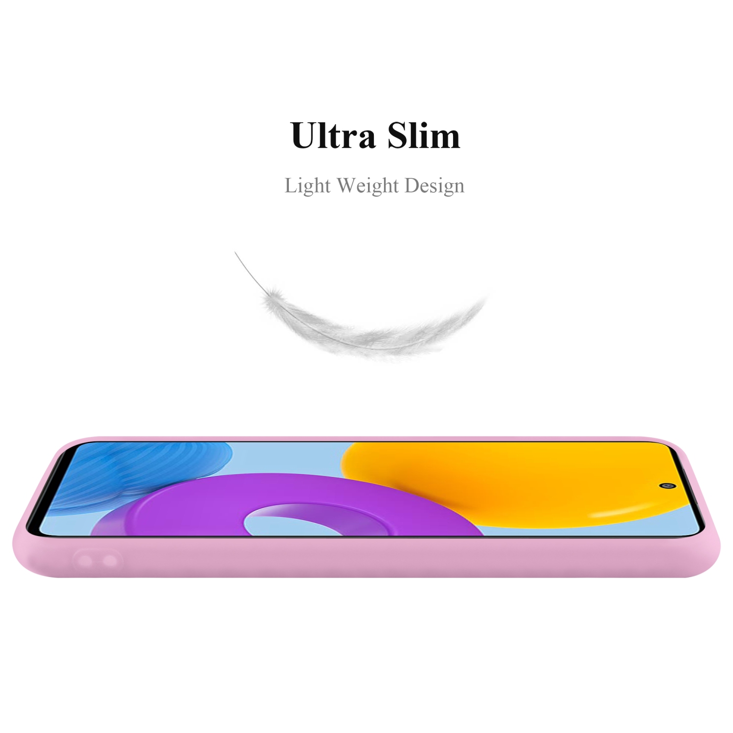 Custodia per telefono rosa, vista dall'alto, testo "Ultra Slim, Light Weight Design" e una piuma.