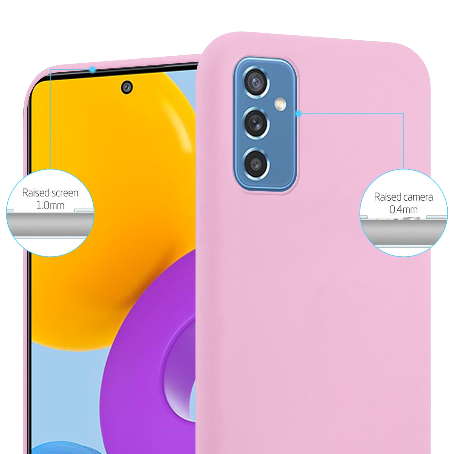 Una custodia per telefono rosa con protezione dello schermo e della fotocamera rialzate. La custodia è su sfondo bianco.