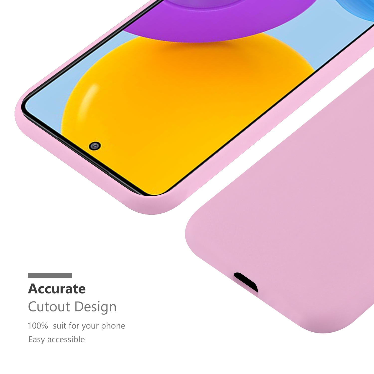 Un telefono rosa con custodia. La custodia è rosa e ha un ritaglio per la fotocamera, lo schermo è visibile.