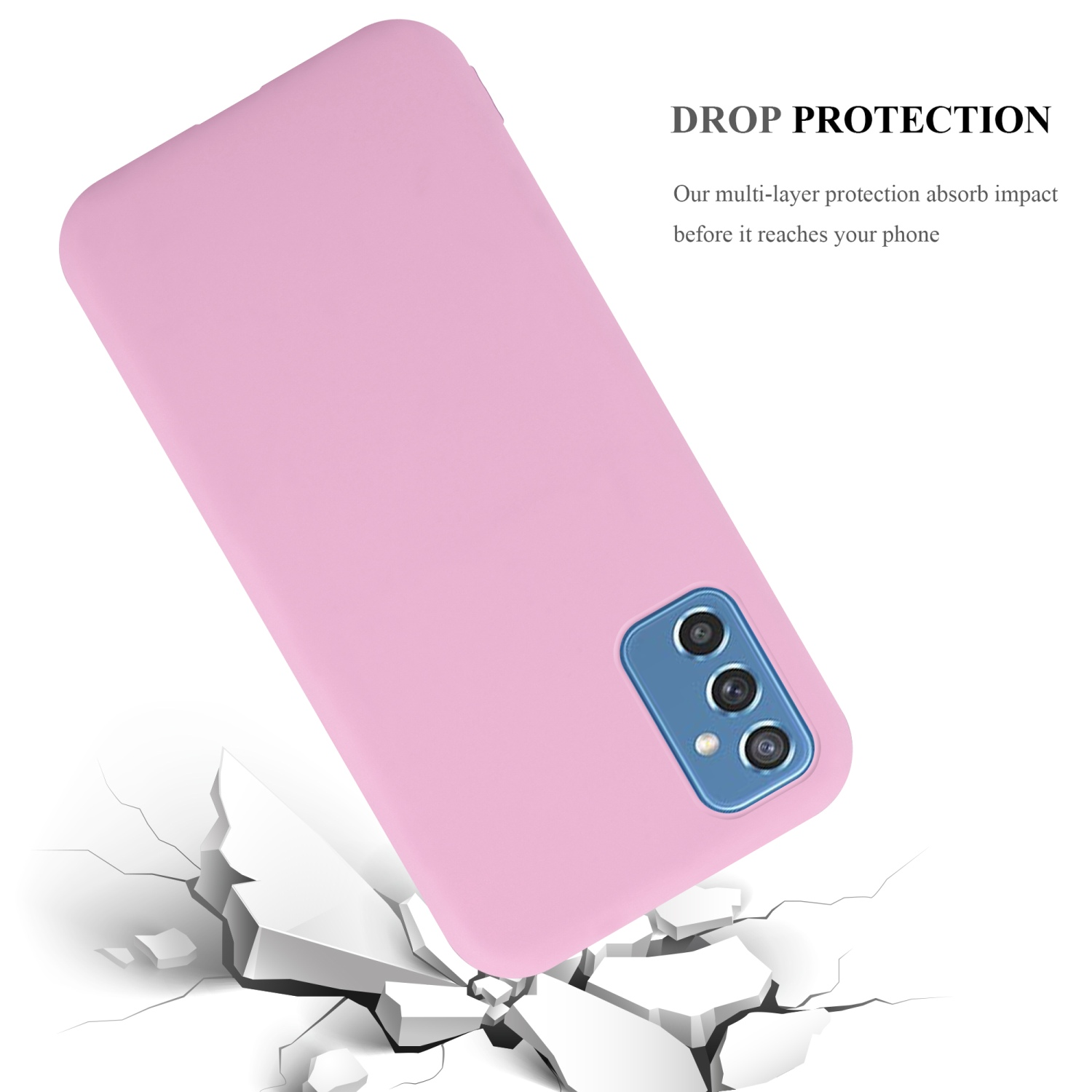 Custodia rosa per telefono che cade su una superficie che si sta rompendo. Testo: Protezione dalle cadute. Fotocamera blu.
