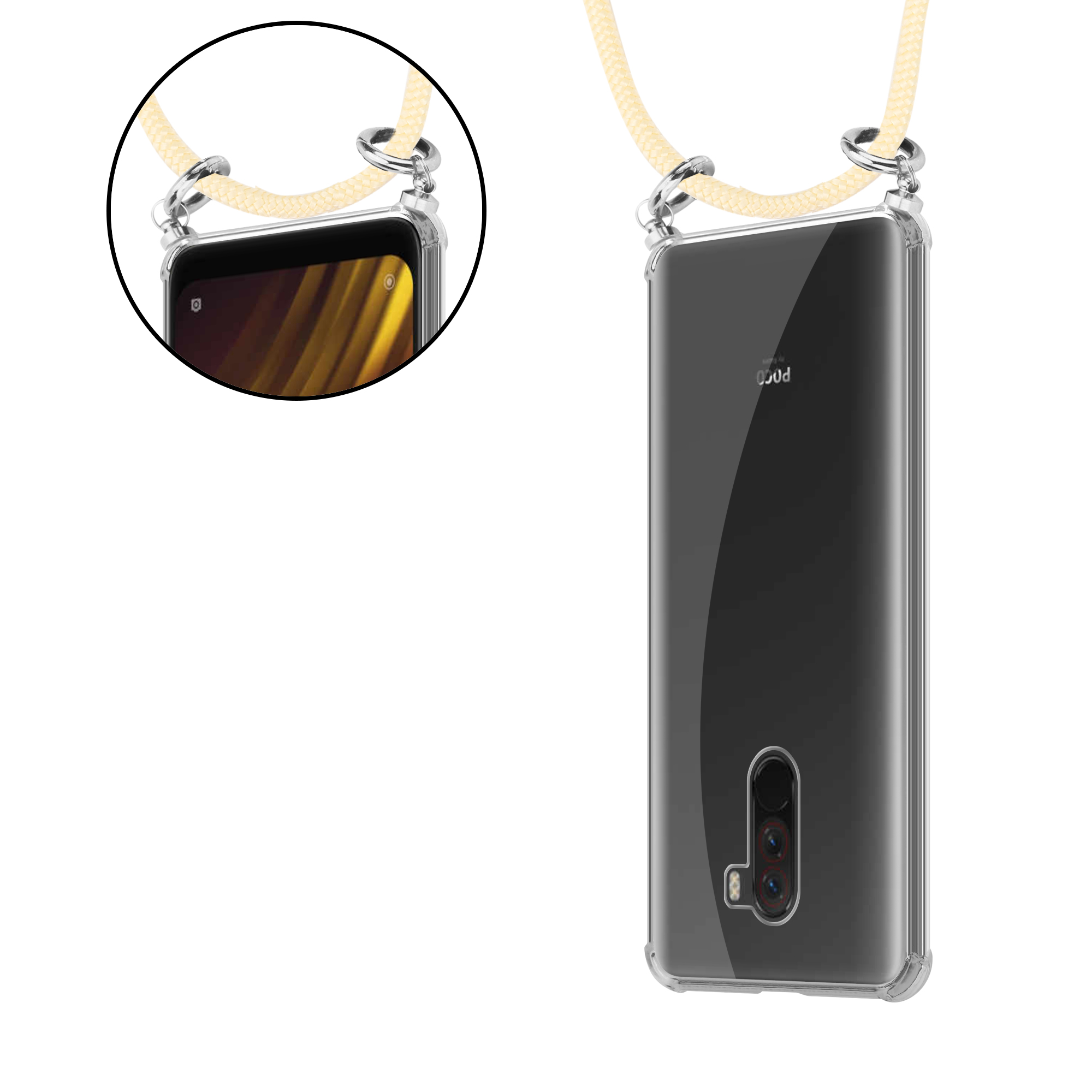Ein Telefon mit einem Schlüsselband. Das Telefon befindet sich in einer durchsichtigen Hülle mit einem cremefarbenen Schlüsselband.
