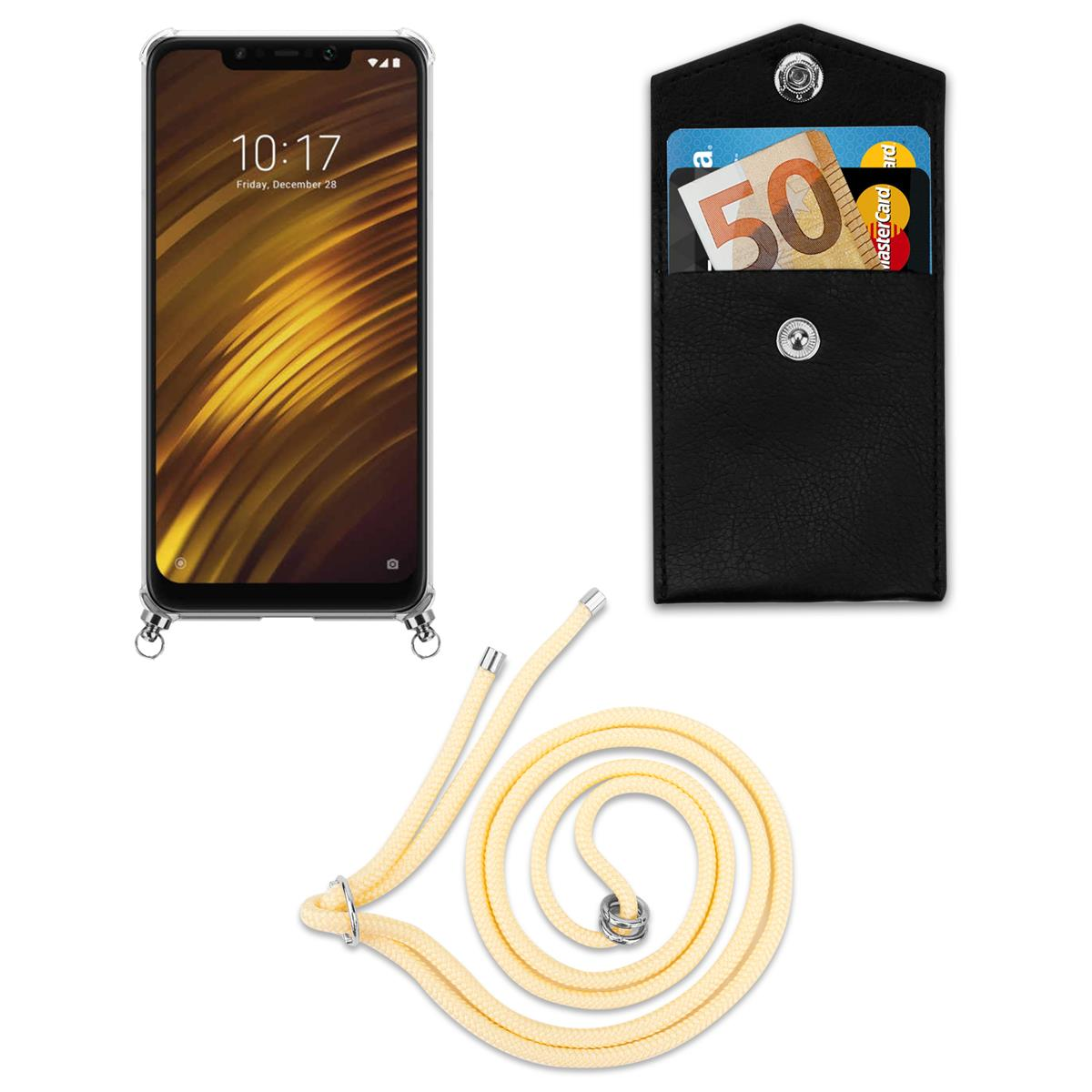 Telefon mit Riemen und Kartenhalter. Kartenhalter mit Karten und Geld. Telefon hat eine transparente Hülle.