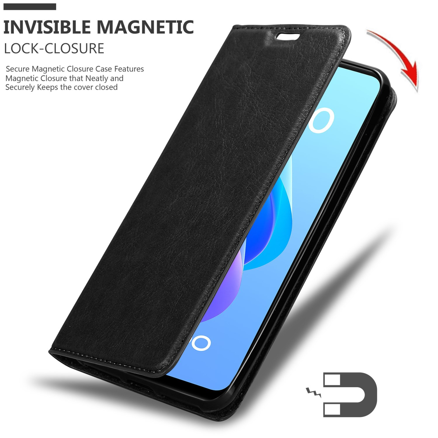 Una custodia per telefono nera con patta aperta, che rivela il telefono all'interno. Ha una chiusura magnetica per la sicurezza.