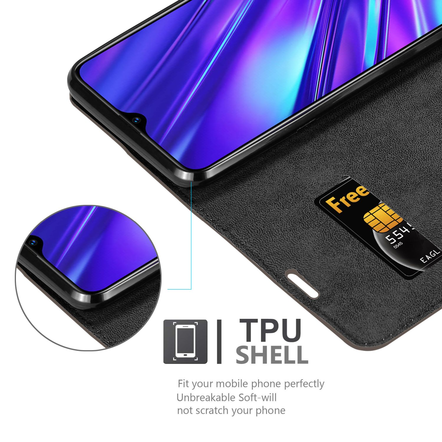 Custodia nera aperta con telefono e scheda SIM. C'è un'etichetta TPU SHELL.
