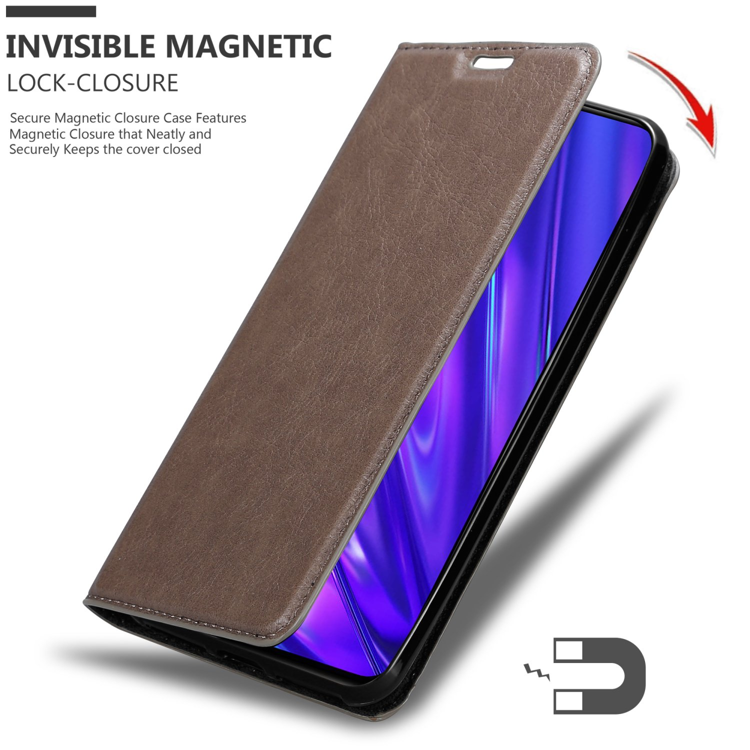 Custodia in pelle marrone aperta, mostrando un telefono all'interno, con testo di chiusura magnetica.