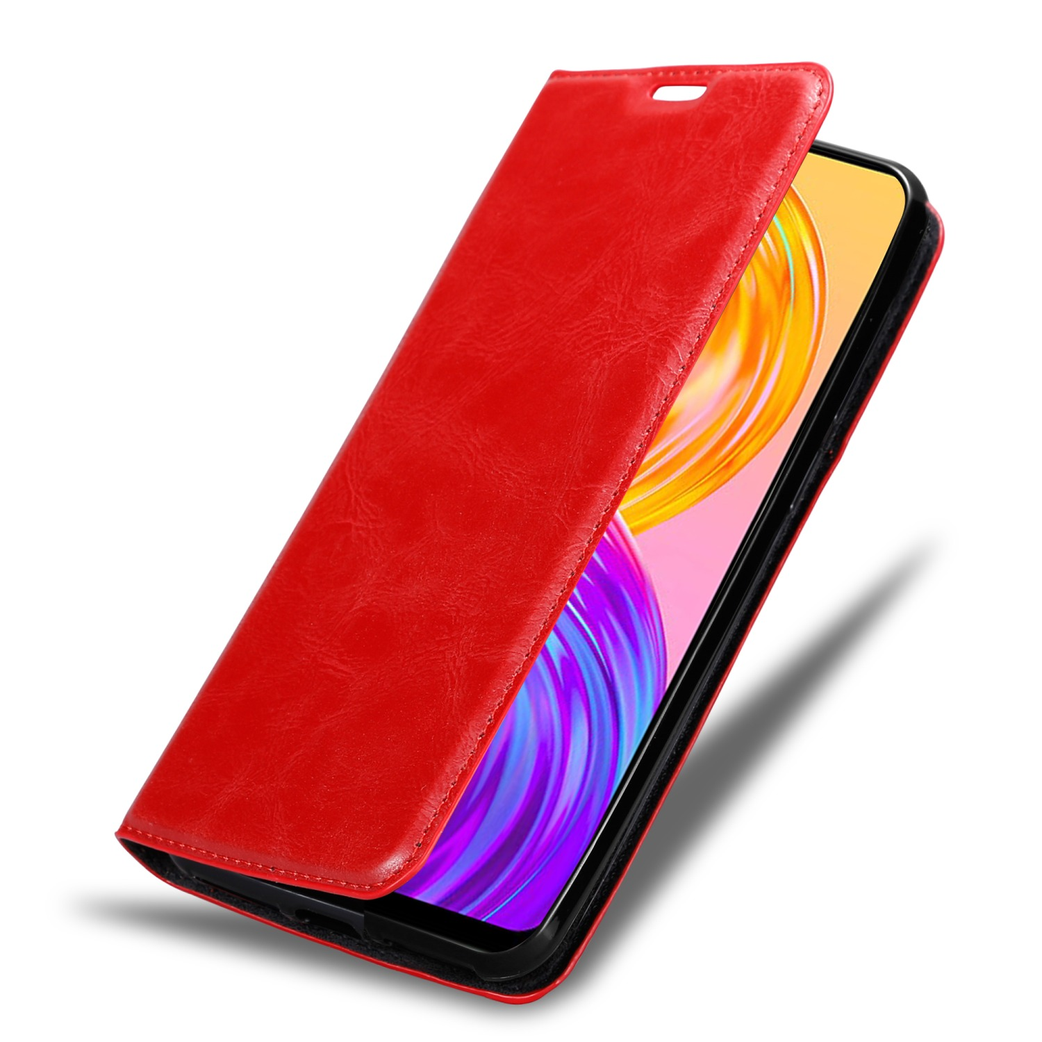 Rote Handyhülle offen. Das Telefon darin ist sichtbar. Weißer Hintergrund.