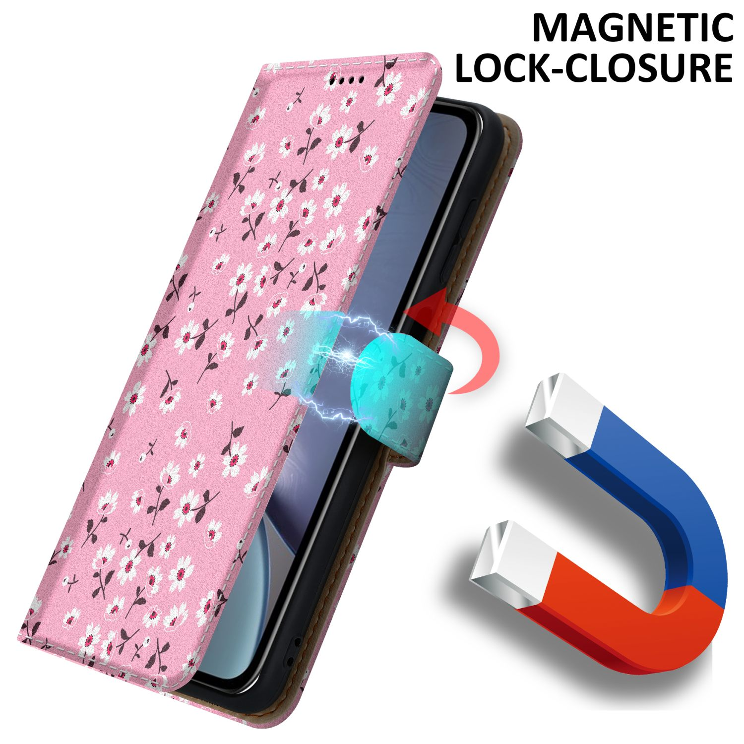 Custodia rosa floreale per telefono con chiusura magnetica. Magnete visibile. Testo: Chiusura magnetica.