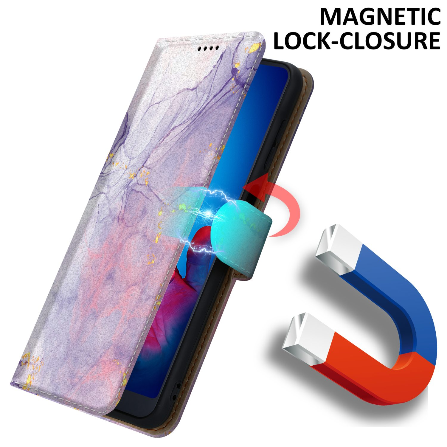 Custodia del telefono aperta con magnete, che rivela uno schermo con un design marmoreo e un magnete.