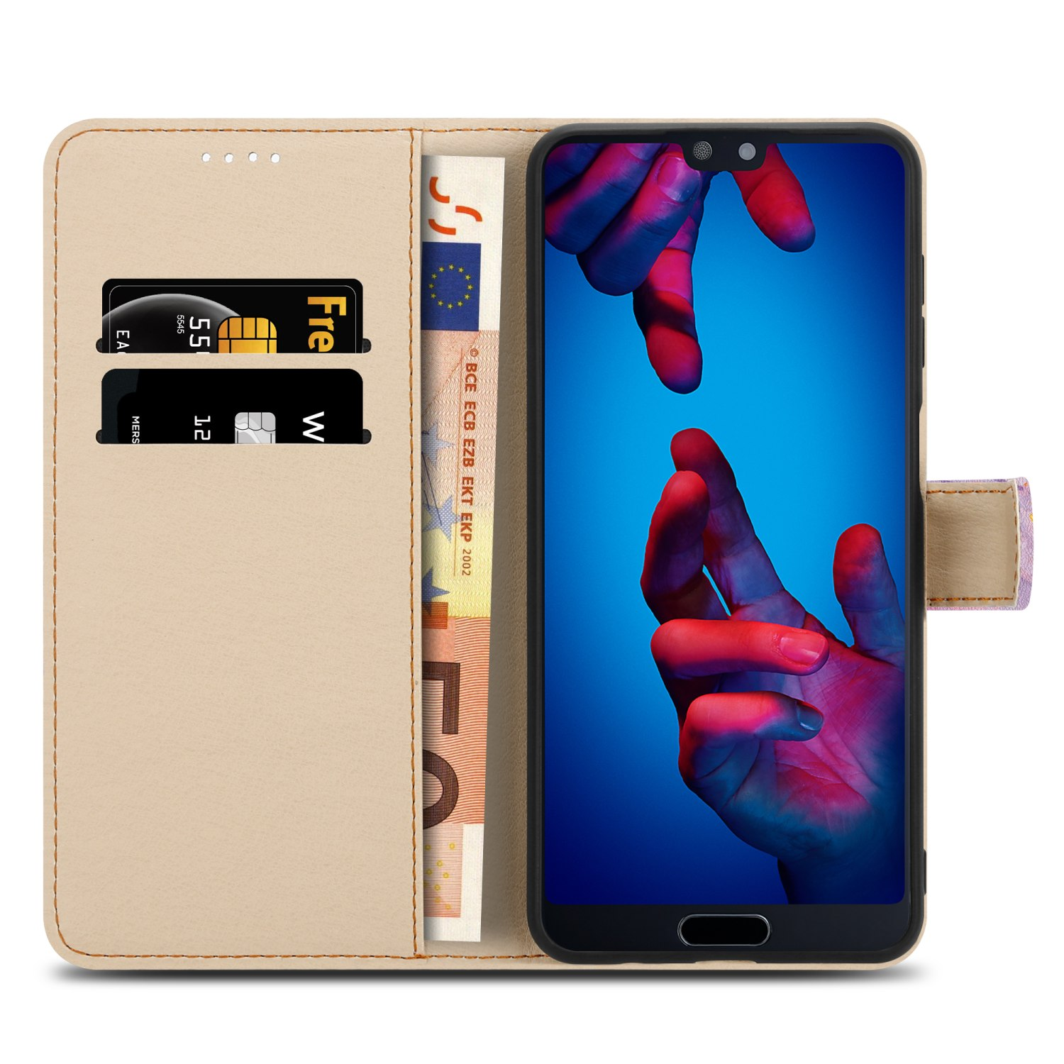 Un portafoglio beige per telefono aperto, con un telefono che mostra uno sfondo blu e rosso. Carte di credito e denaro visibili.