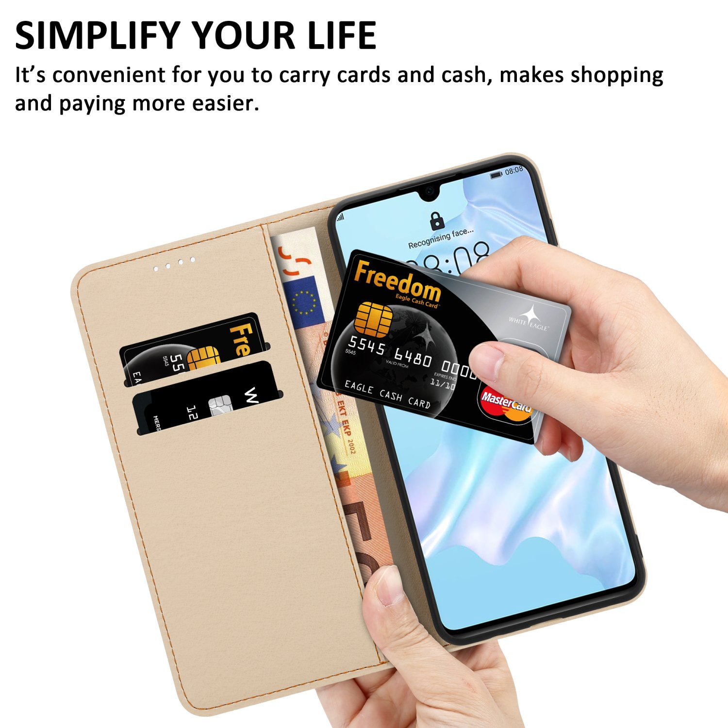 Custodia per telefono con carte e contanti in tasca e una mano che tiene una carta di credito.