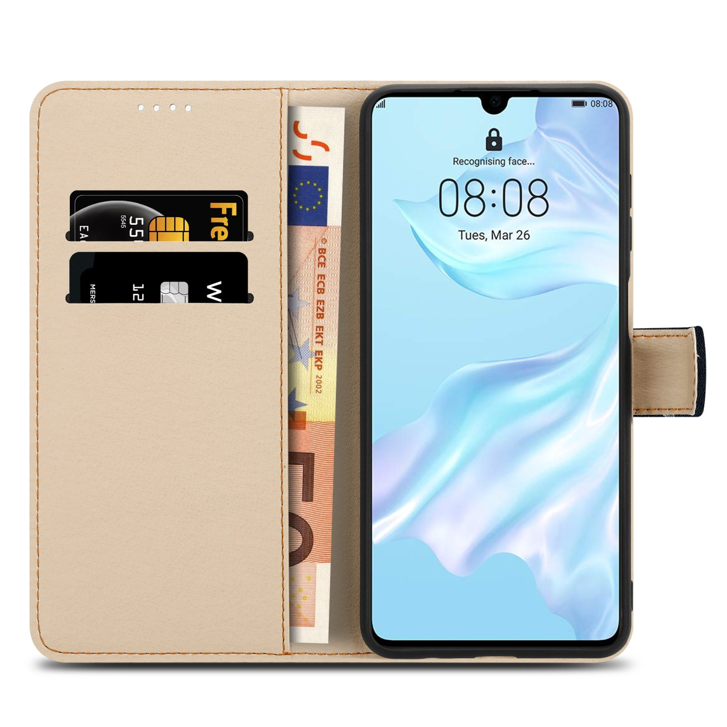Custodia a portafoglio beige con carte di credito e una banconota da 50 euro. Lo schermo del telefono mostra l'ora e il riconoscimento facciale.