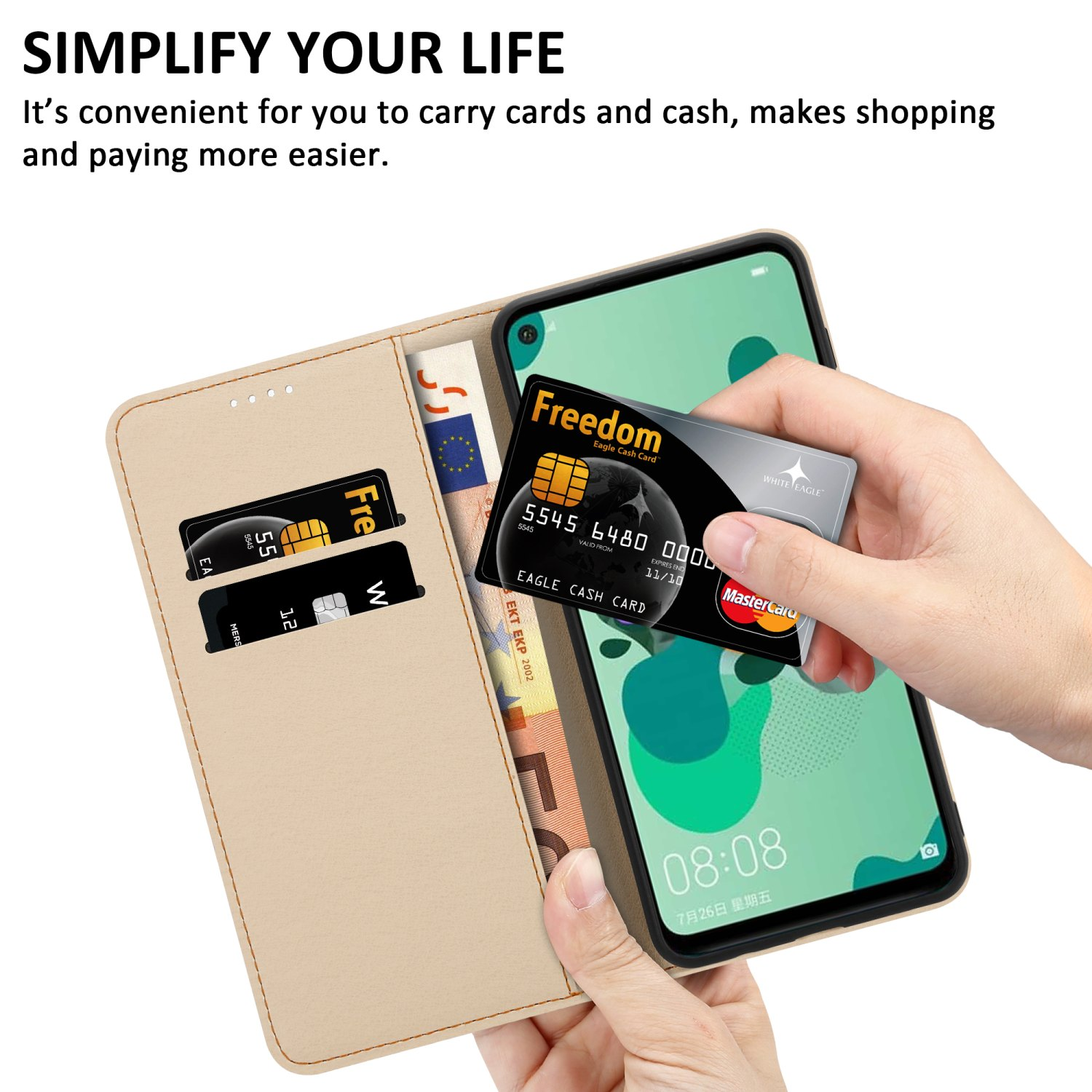 Mano che tiene un telefono, con custodia a portafoglio aperta, che mostra carte di credito e denaro.