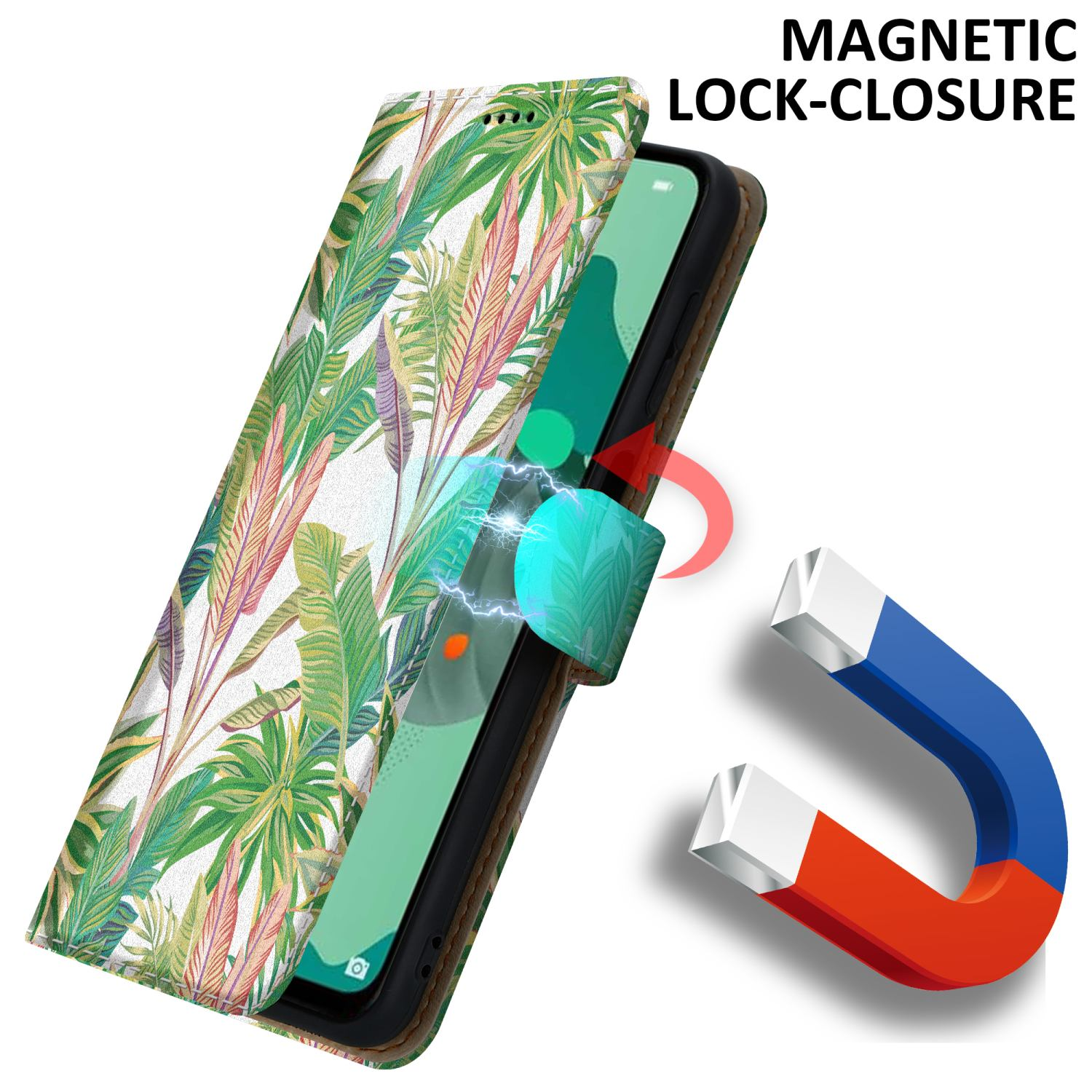 Custodia per telefono con design floreale chiusa da un magnete. Magnete e custodia su sfondo bianco.