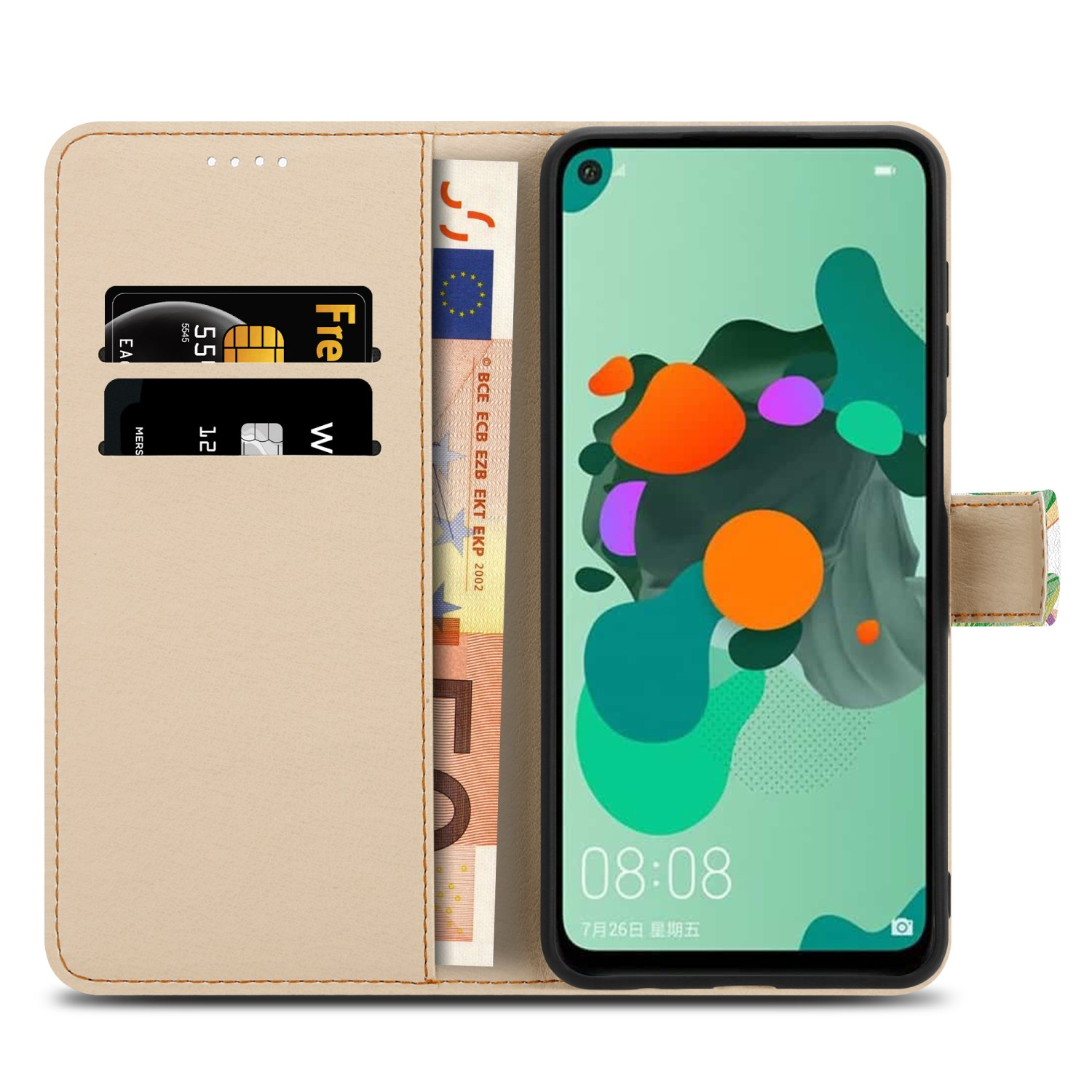 Custodia beige con telefono e denaro. Il telefono mostra forme astratte colorate.
