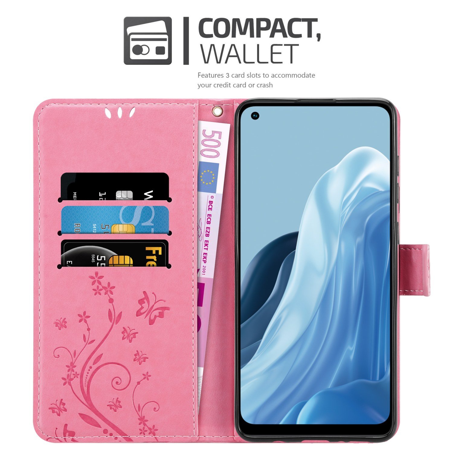 Custodia rosa per telefono con fessure per carte e denaro. Schermo con immagine astratta.