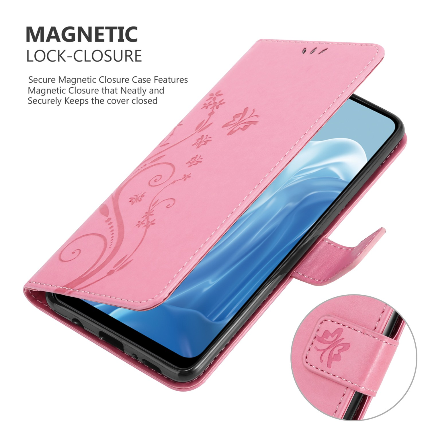 Custodia rosa, design floreale, aperta che mostra il telefono. Chiusura magnetica.