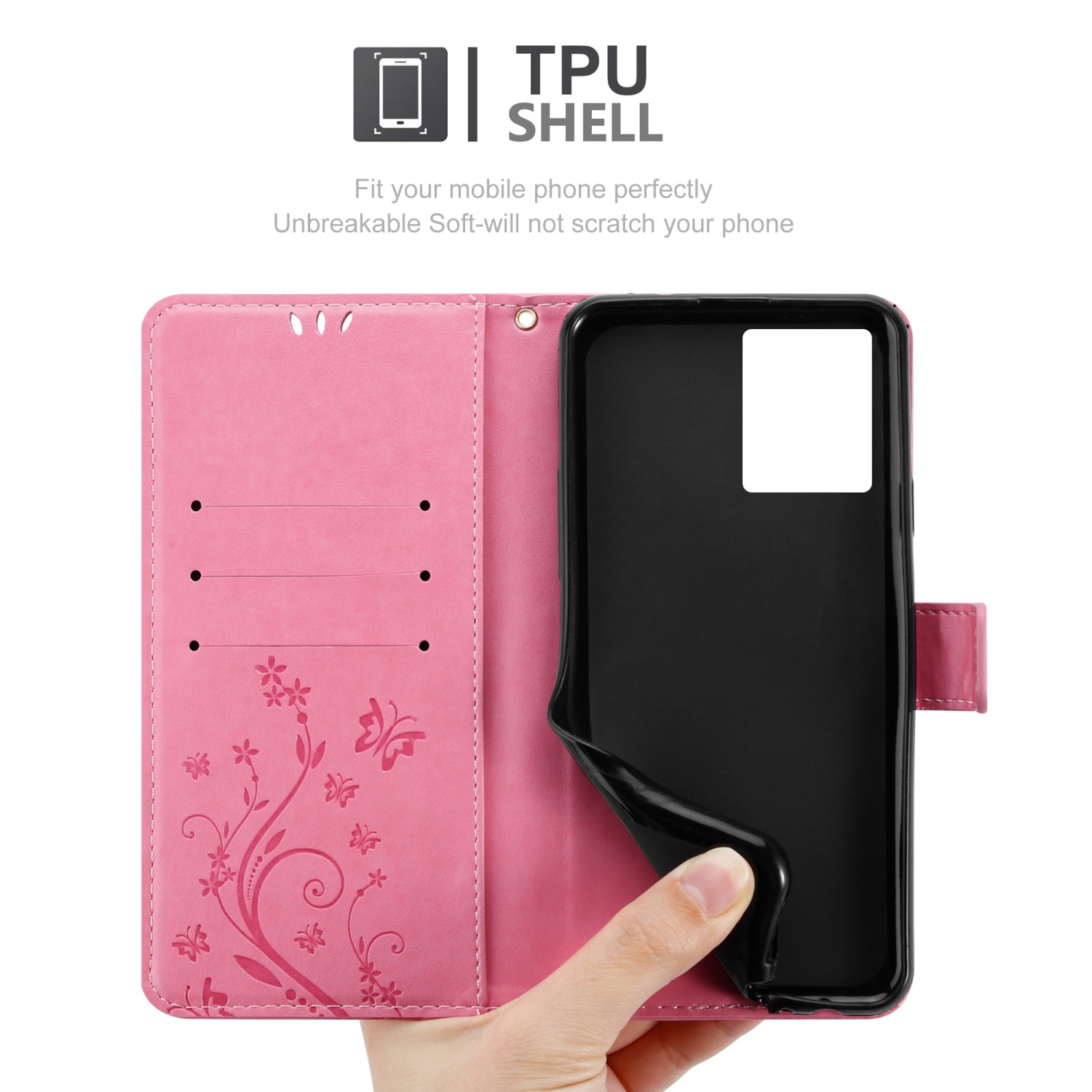 Una mano che tiene una custodia per telefono rosa con un telefono dentro. Il testo dice 'TPU SHELL'.