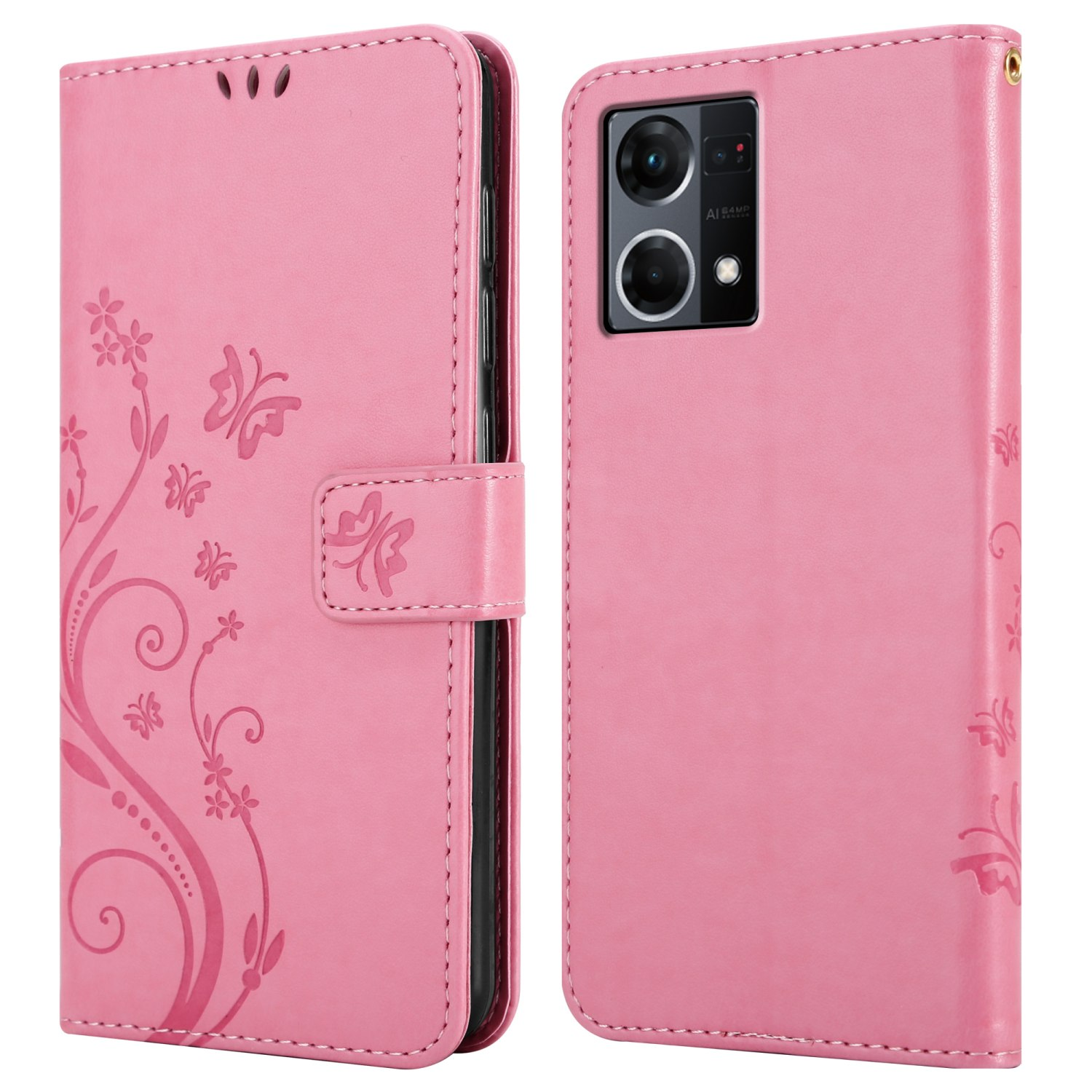 Una custodia rosa con telefono all'interno, aperta per mostrare lo schermo. Design floreale sul fronte.