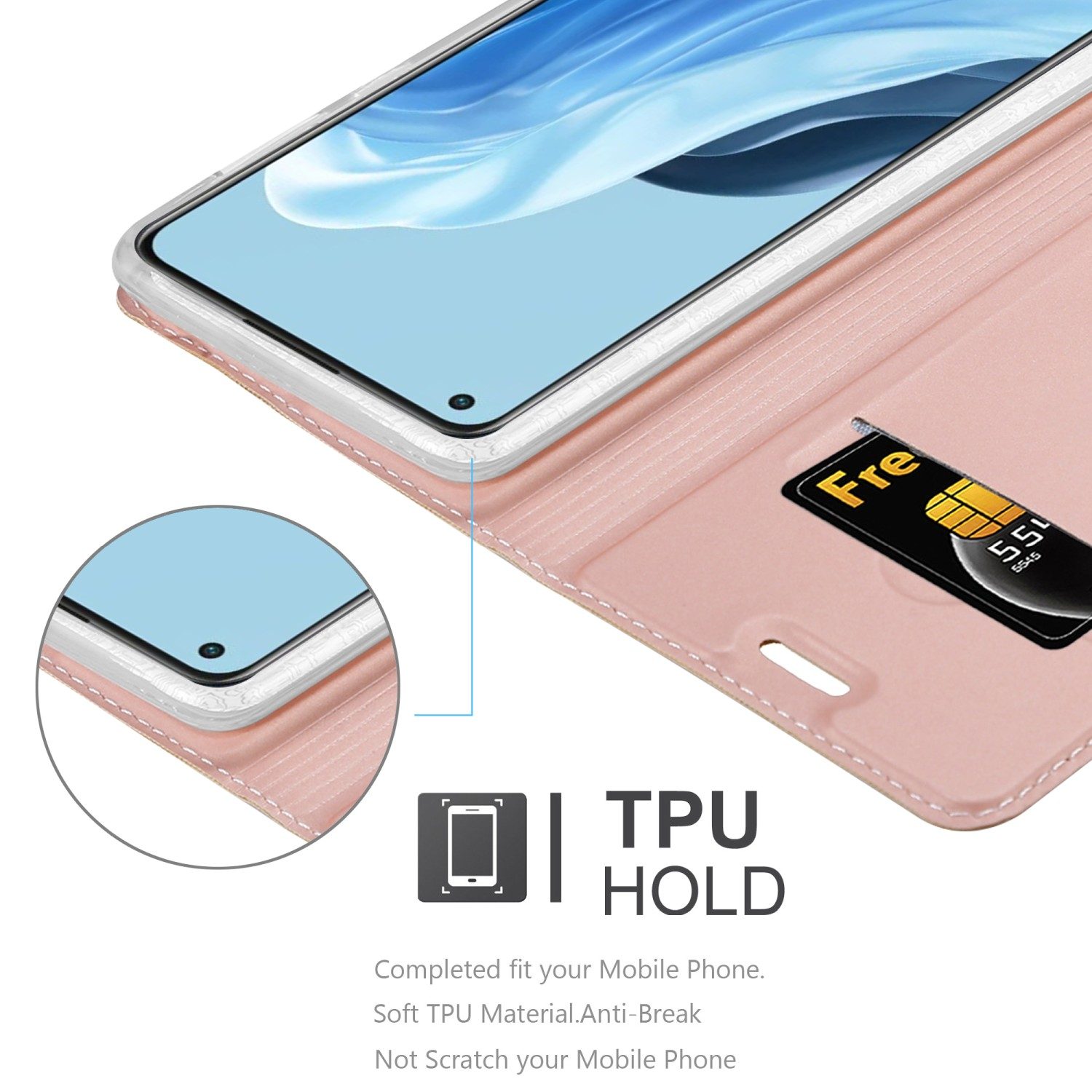 Custodia rosa con telefono. Mostrata una carta. Supporto TPU menzionato. Funzionalità elencate.