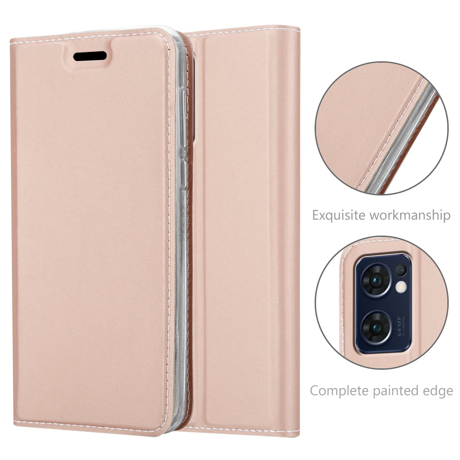 Custodia rosa per telefono, aperta per rivelare il telefono. I dettagli includono cuciture e un primo piano della fotocamera.