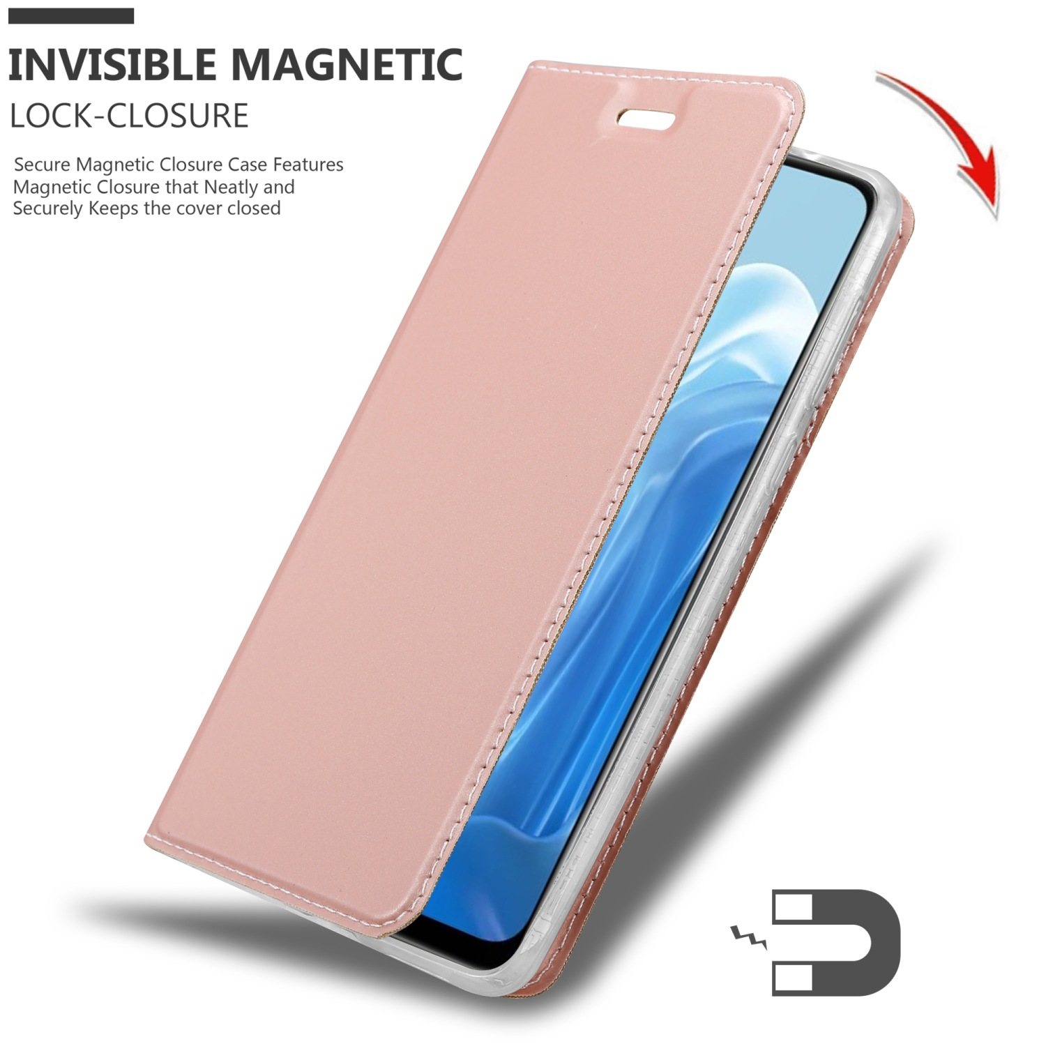 Una custodia per telefono rosa aperta con un telefono all'interno. La custodia ha una chiusura magnetica e un'etichetta con il nome della chiusura.
