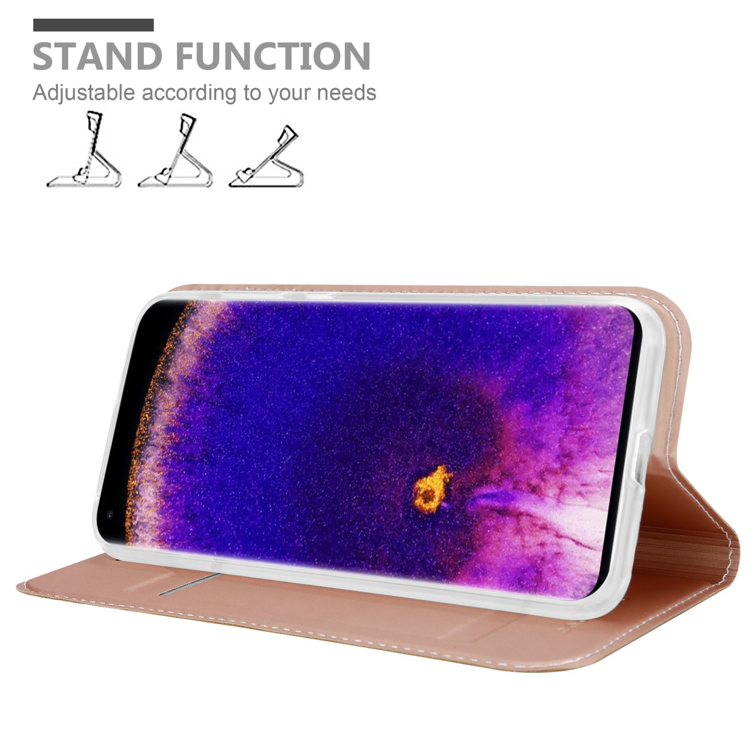 Un telefono in una custodia color cuoio, può essere piegato e utilizzato come supporto. Viene mostrato il testo, Funzione supporto.