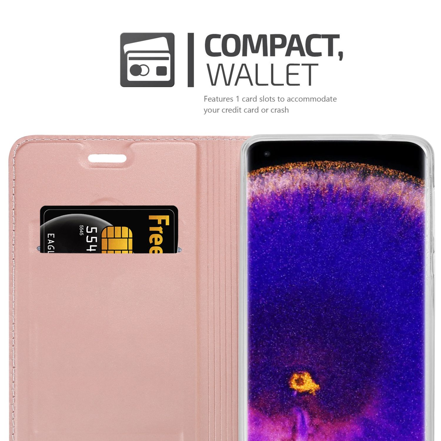 Telefono all'interno di una custodia rosa aperta. Una carta è nella fessura. Il testo dice 'COMPACT, WALLET'.
