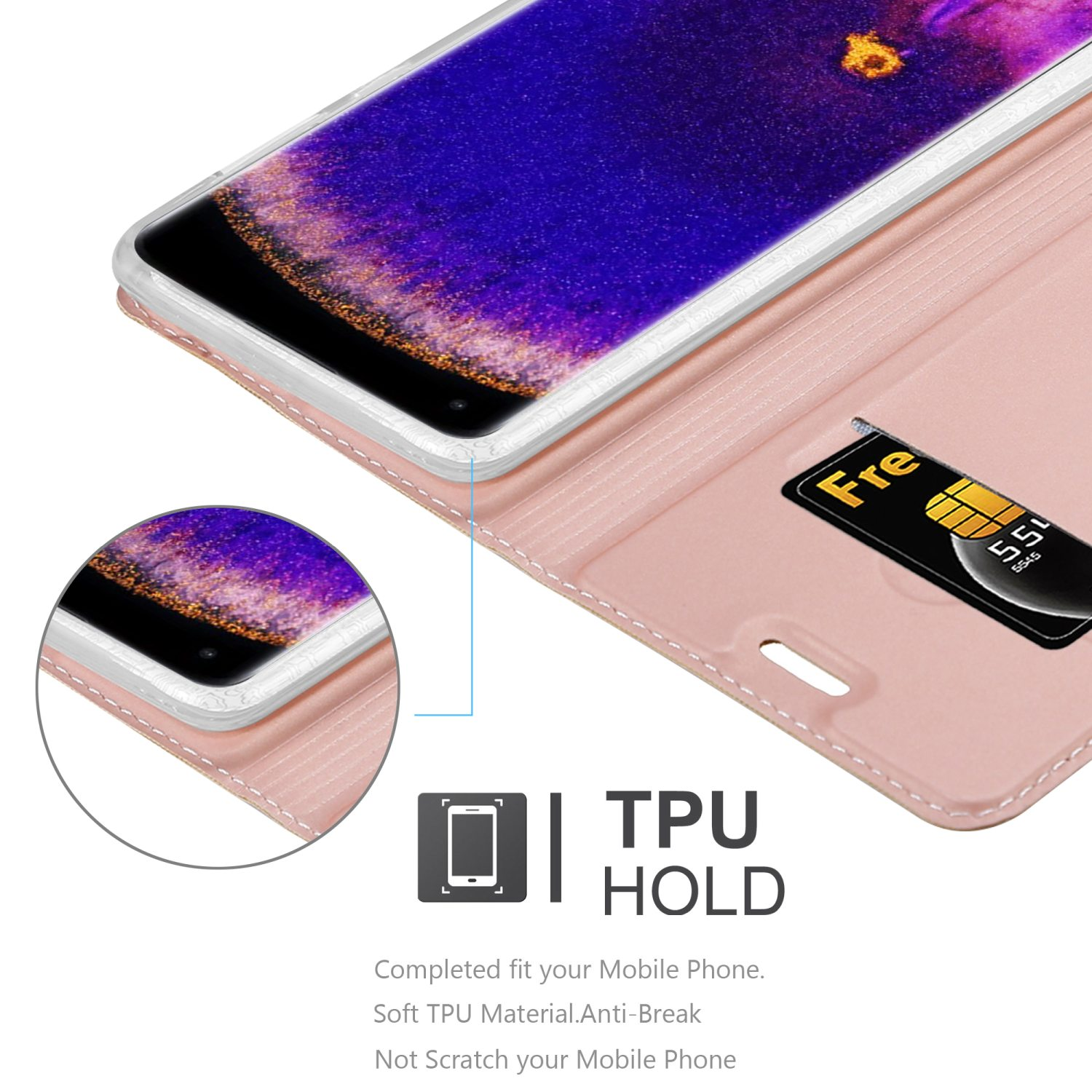 Custodia rosa per telefono con carta e telefono. Testo: TPU Hold. Vestibilità completa, TPU morbido, anti-rottura e senza graffi.