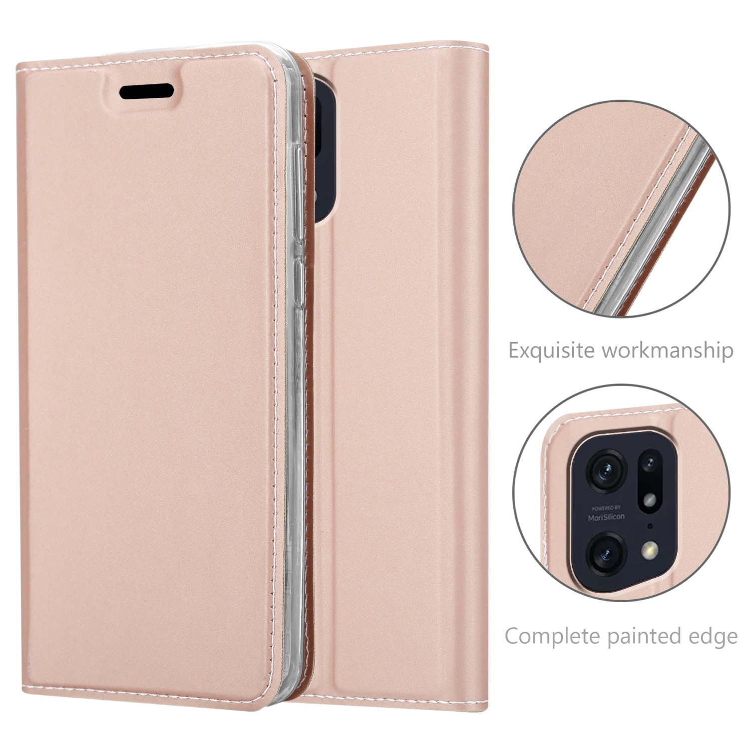 Una custodia per telefono oro rosa, chiusa e aperta. La custodia aperta mostra il telefono e i dettagli.