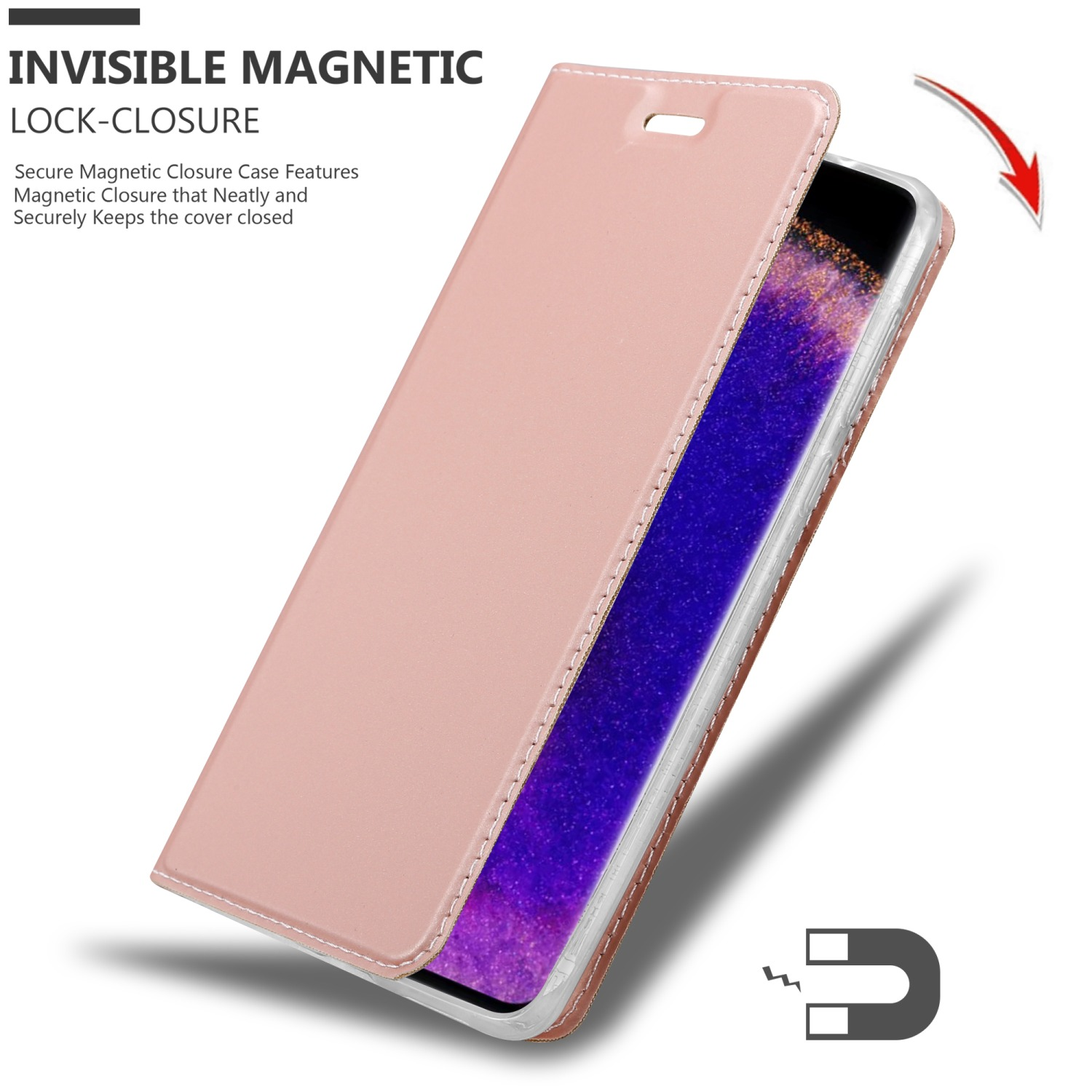 Custodia per telefono rosa, parzialmente aperta, con dettaglio di chiusura magnetica.