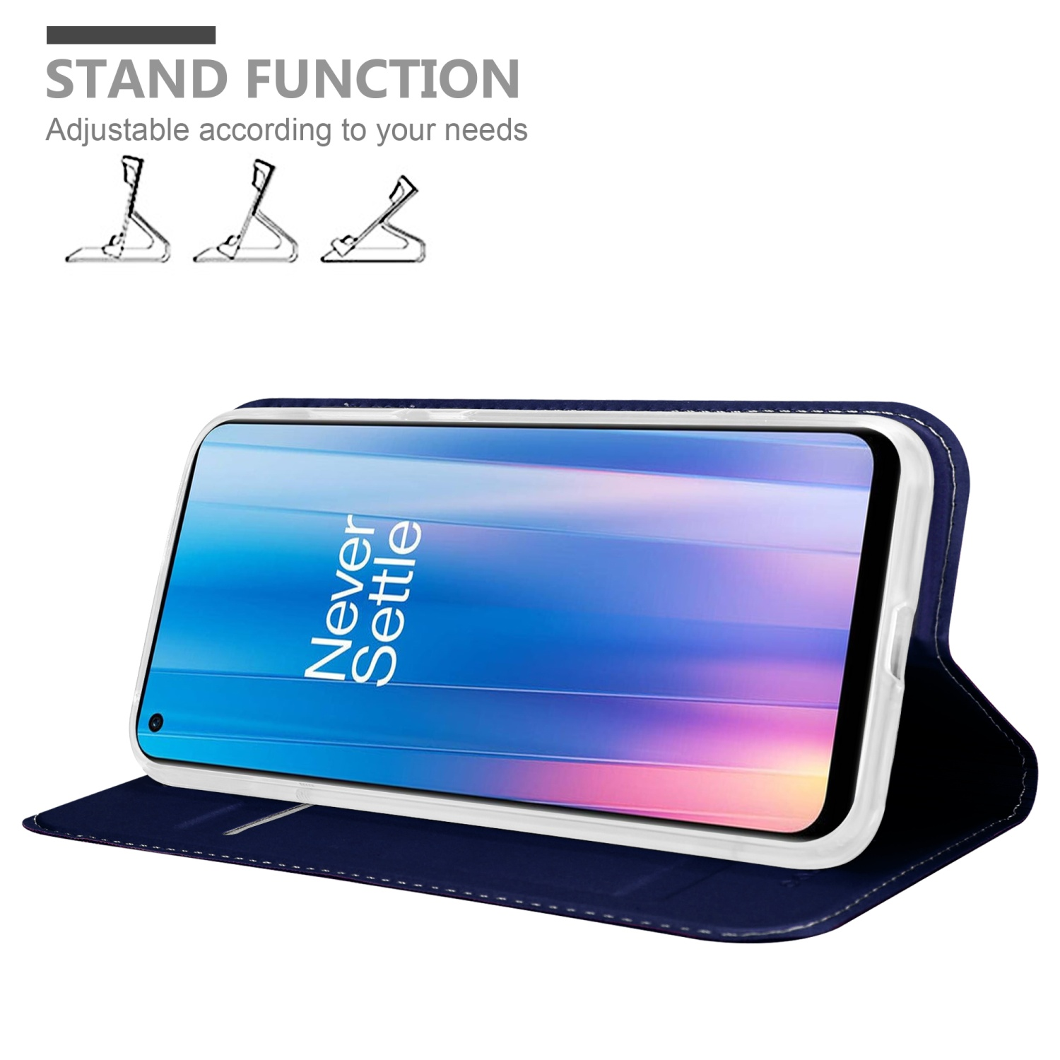 Custodia blu con telefono, cuciture bianche e funzione supporto. Testo: Never Settle.