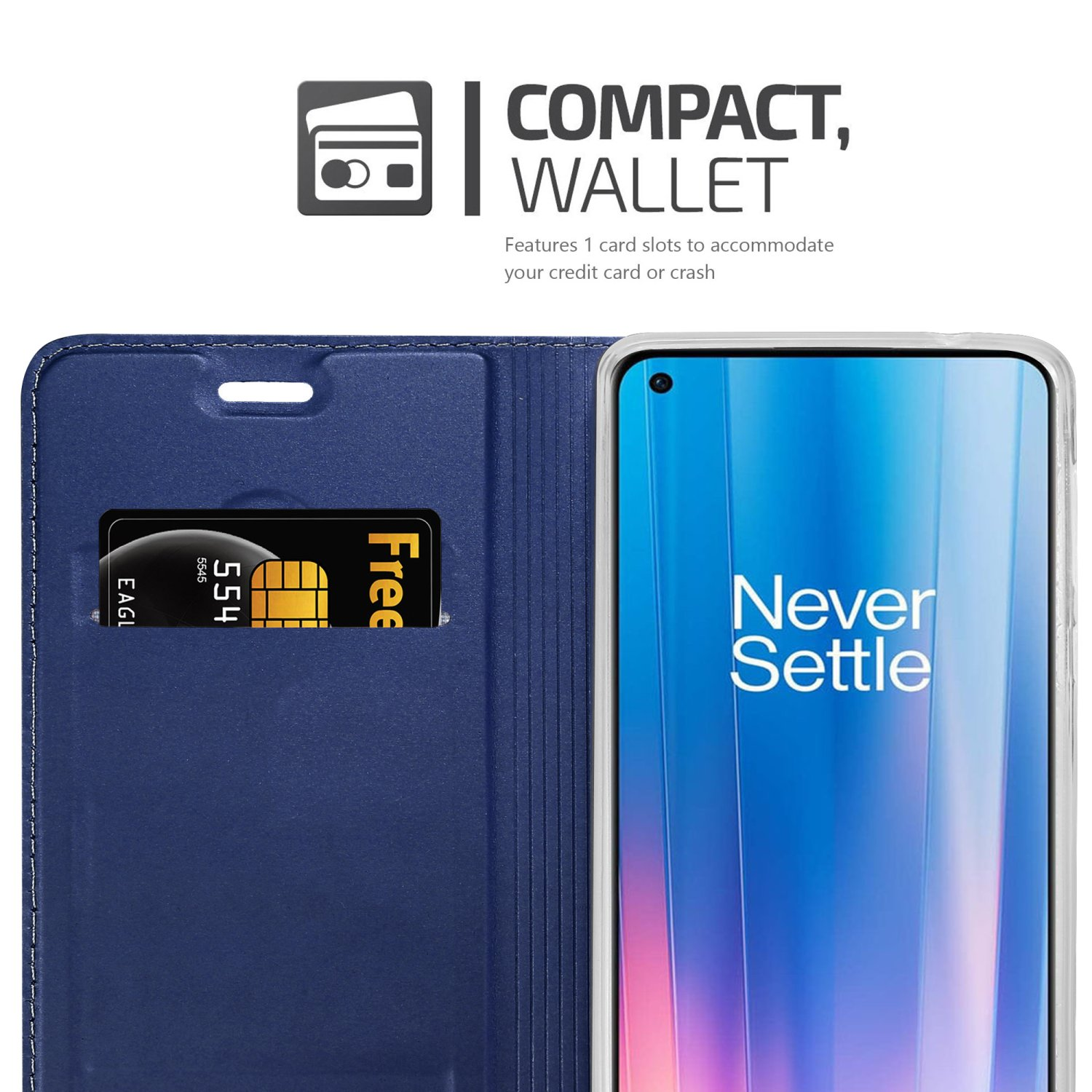 Custodia blu aperta, mostra telefono e fessura con carta 'Free'.