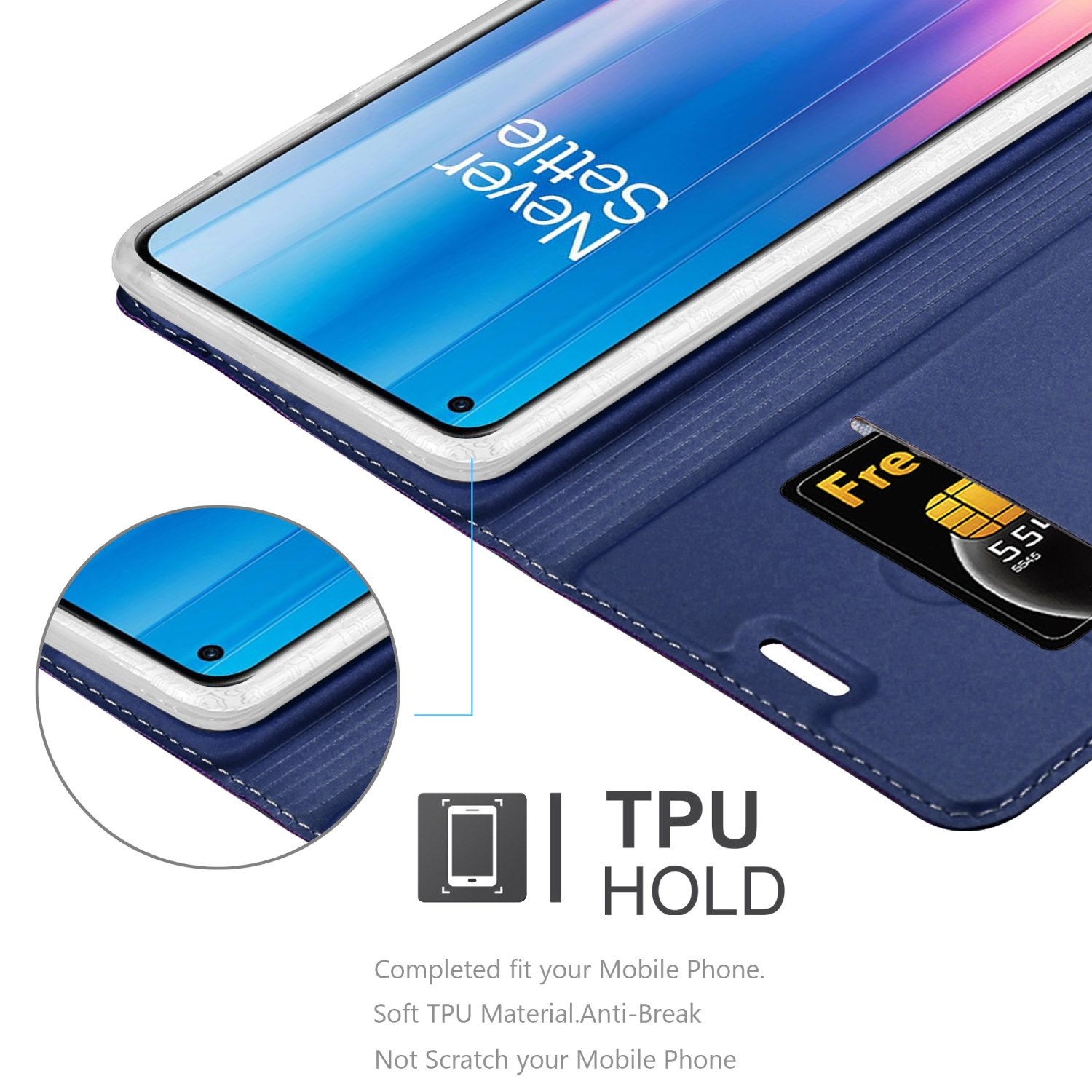 Custodia blu per telefono aperta, con un telefono all'interno e una carta. Testo: Supporto TPU. Mostra parte del telefono.