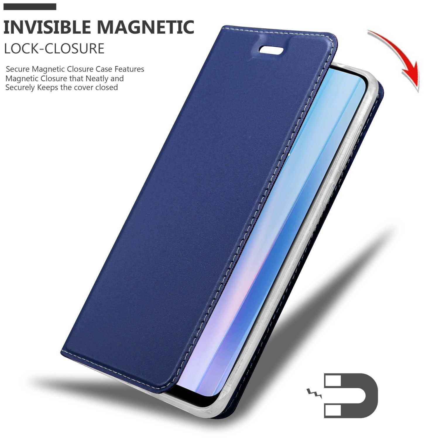 Custodia per telefono blu, aperta. Telefono all'interno. Dettaglio della chiusura magnetica. Freccia e icona del magnete.