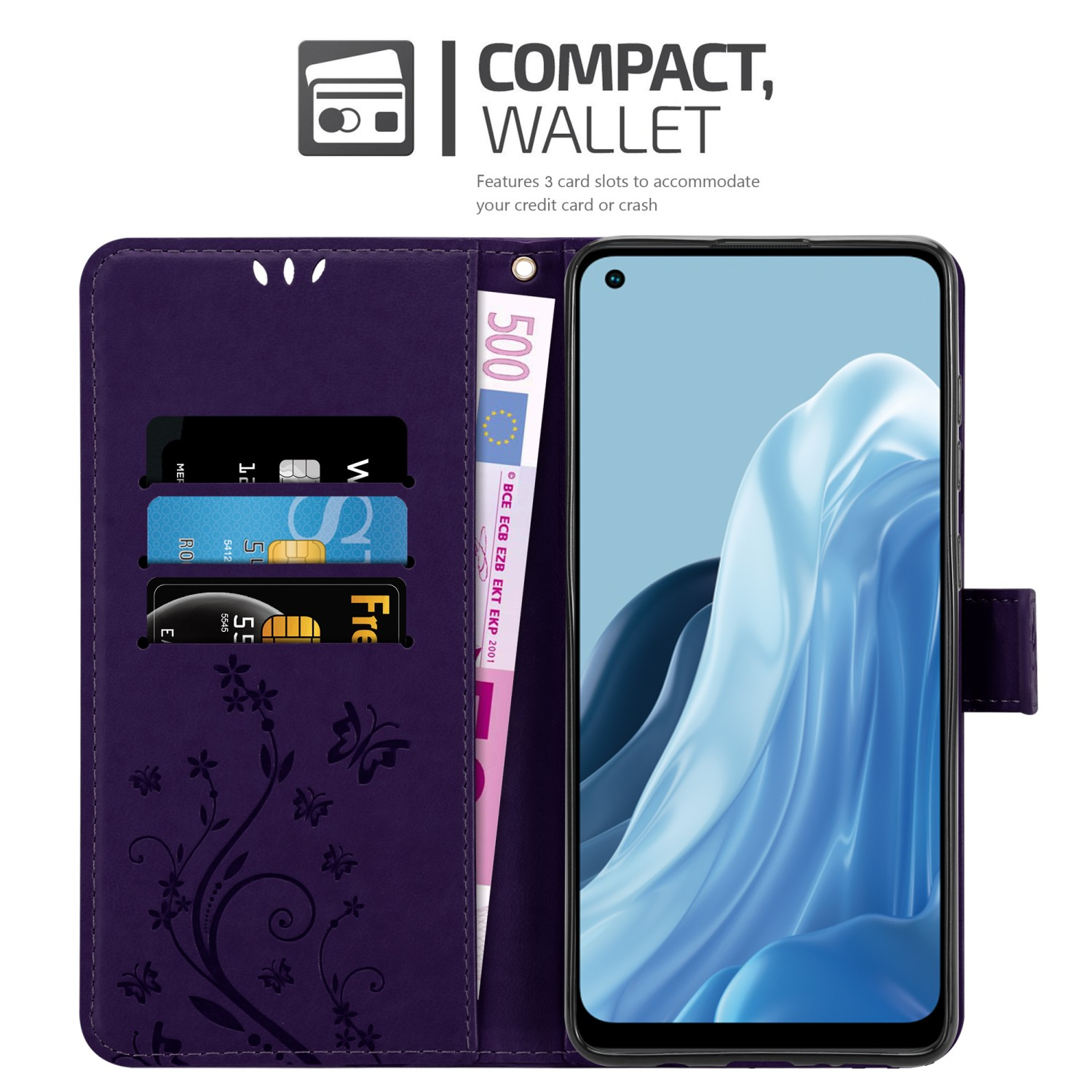 Una custodia per telefono viola con un telefono e carte all'interno. La custodia ha anche un design floreale.